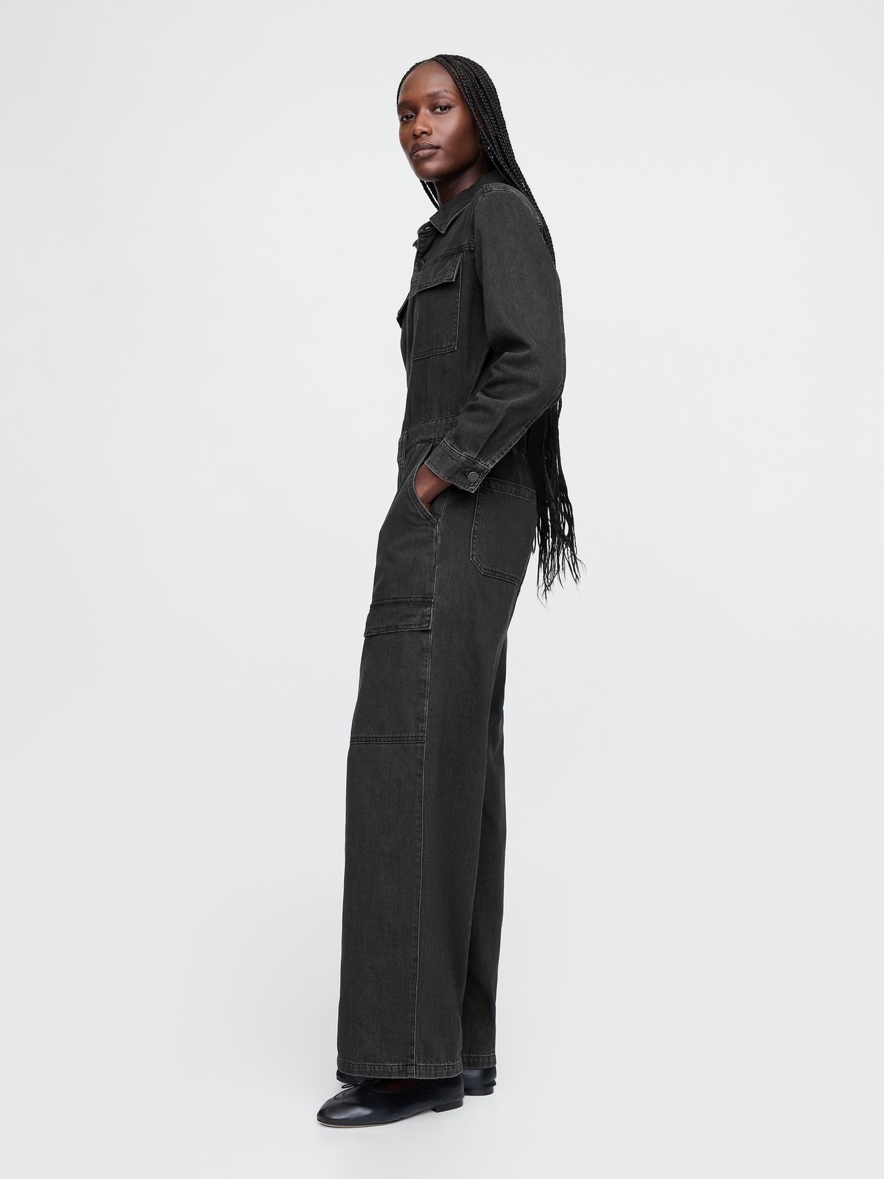 Black Denim Cargo Jumpsuit - Image 3 of 5