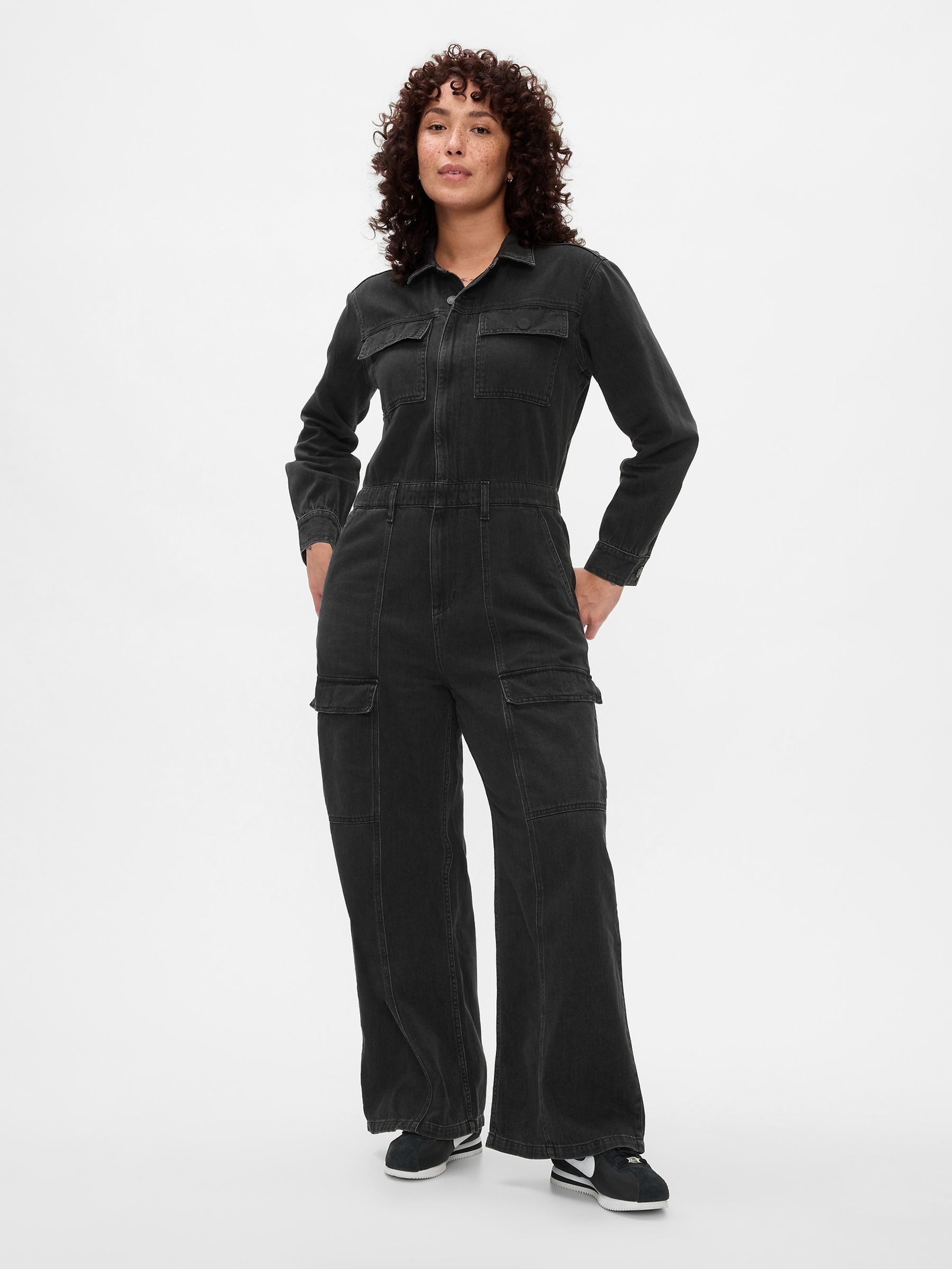 Black Denim Cargo Jumpsuit | Gap