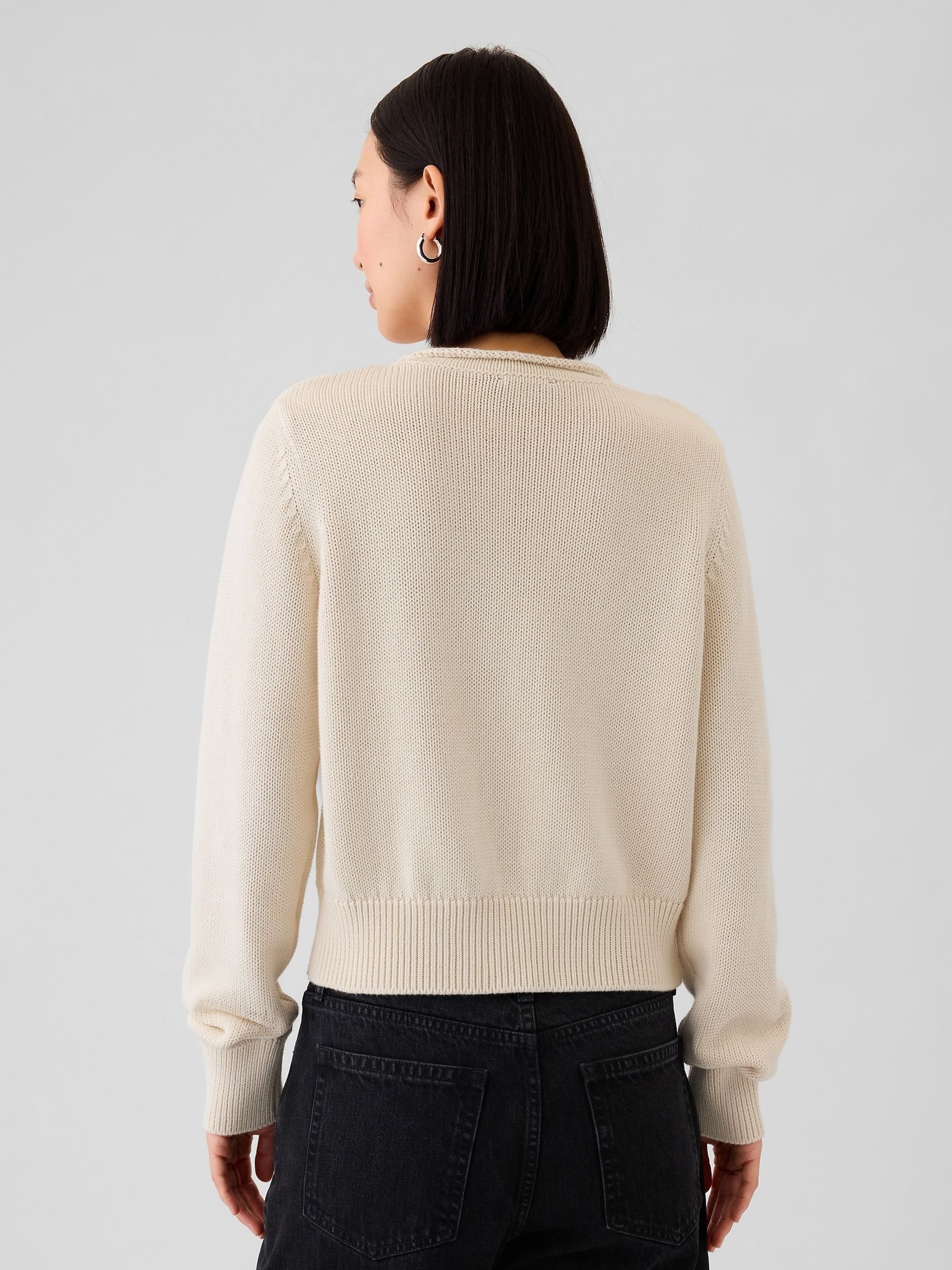 Cream Soft Cotton Shrunken Roll Neck Jumper - Image 2 of 5