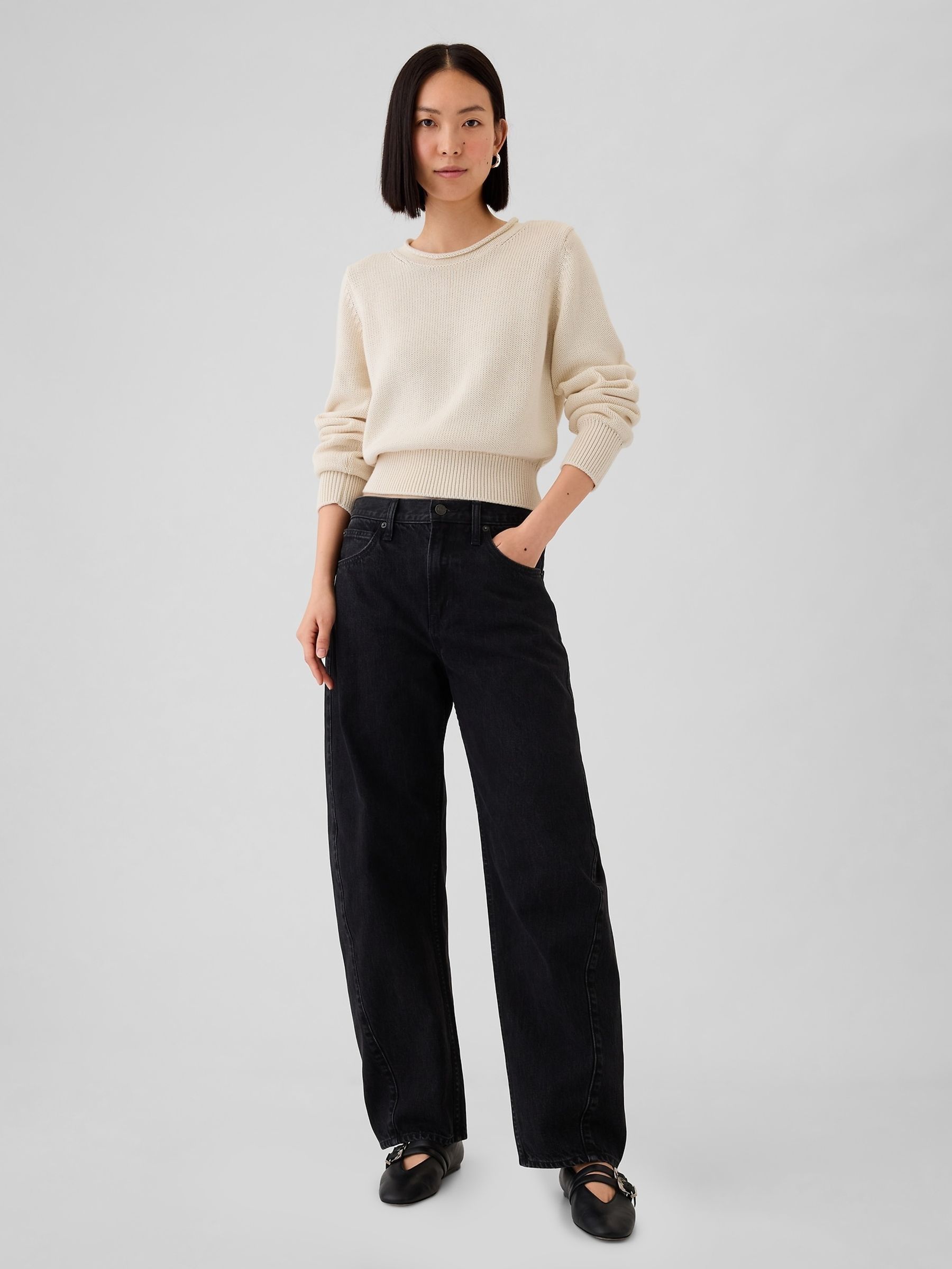Cream Soft Cotton Shrunken Roll Neck Jumper - Image 3 of 5