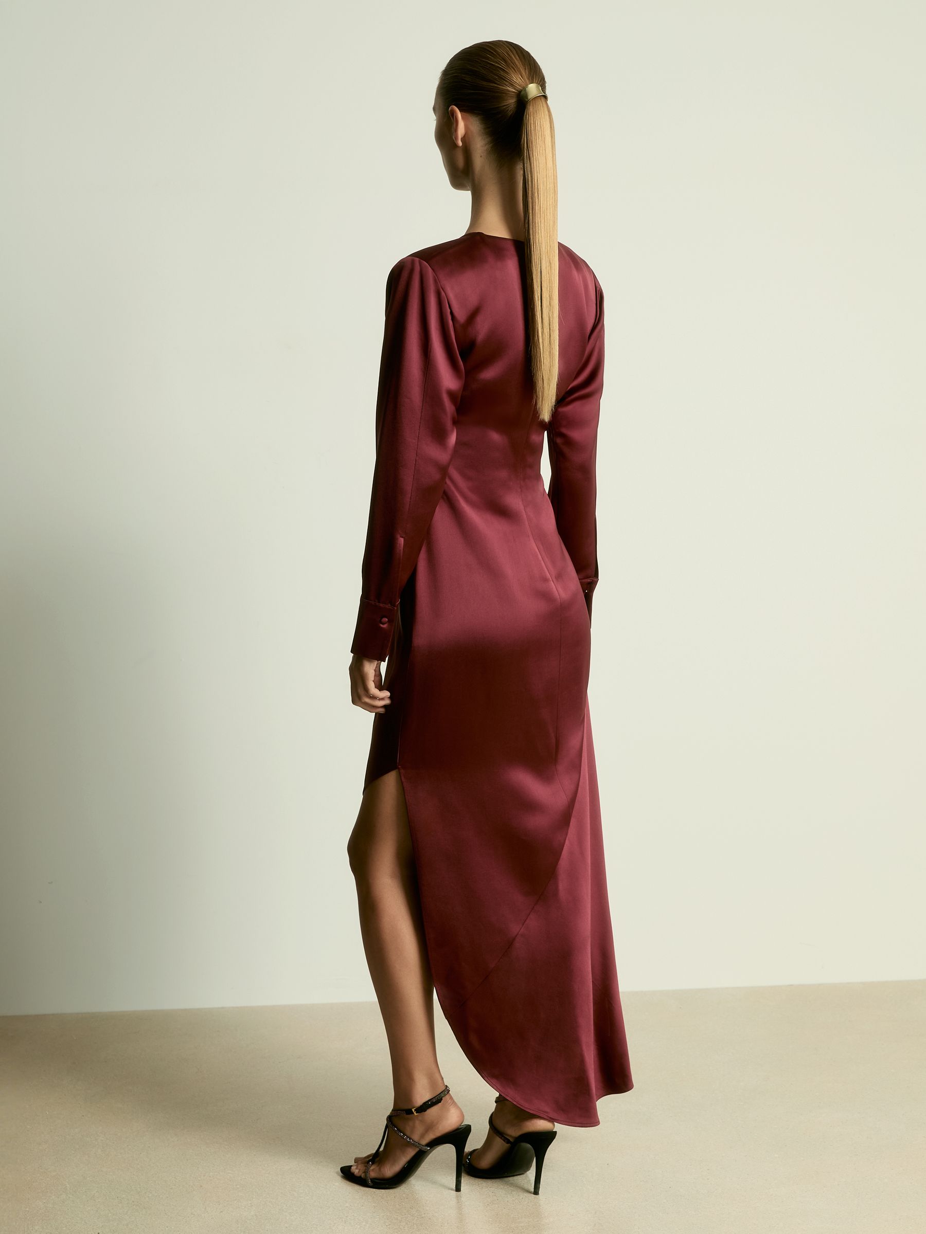 Satin Asymmetric Draped Maxi Dress in Burgundy - Image 5 of 6