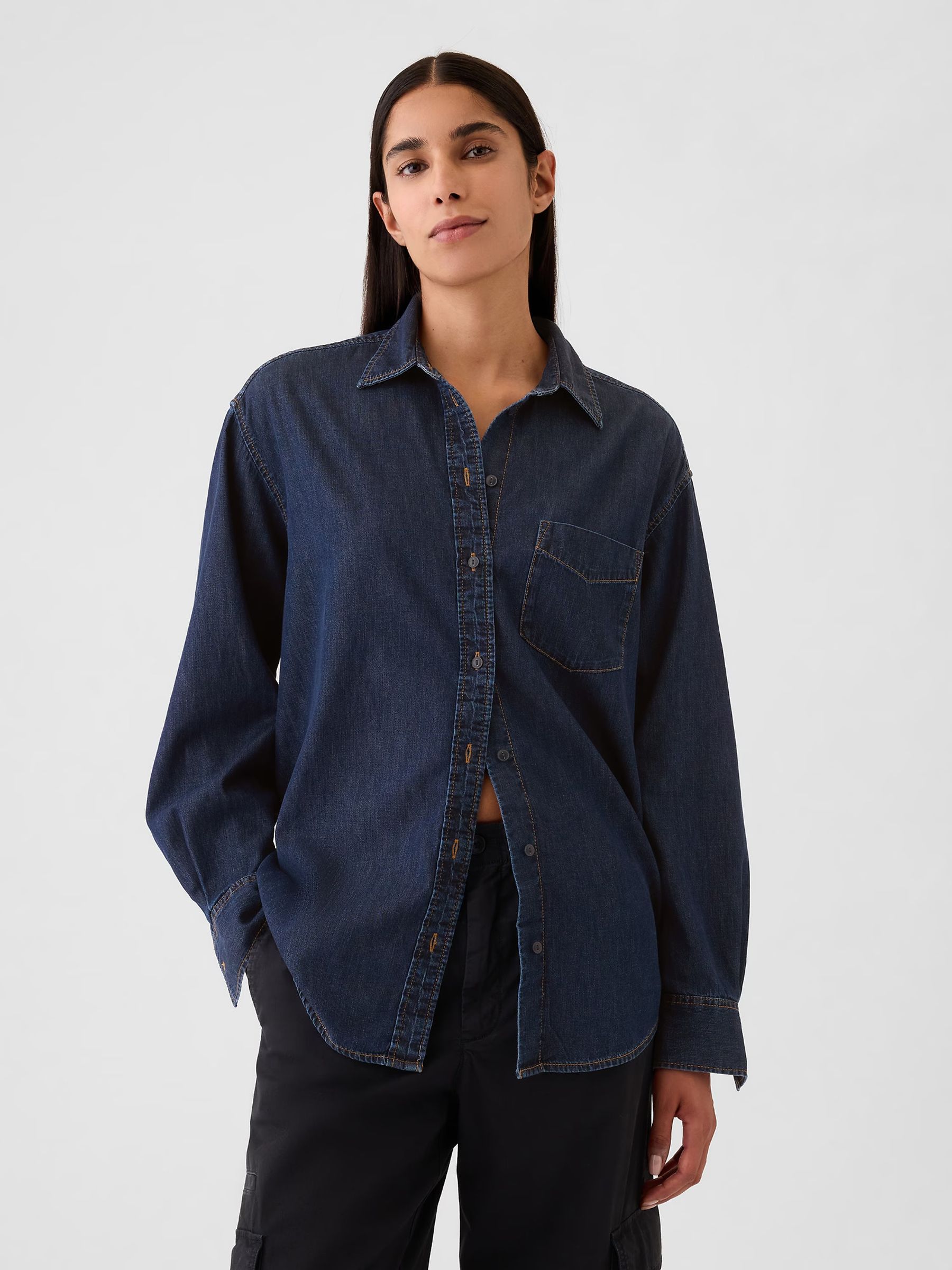 Dark Wash Blue Chambray Denim Oversized Shirt - Image 1 of 5