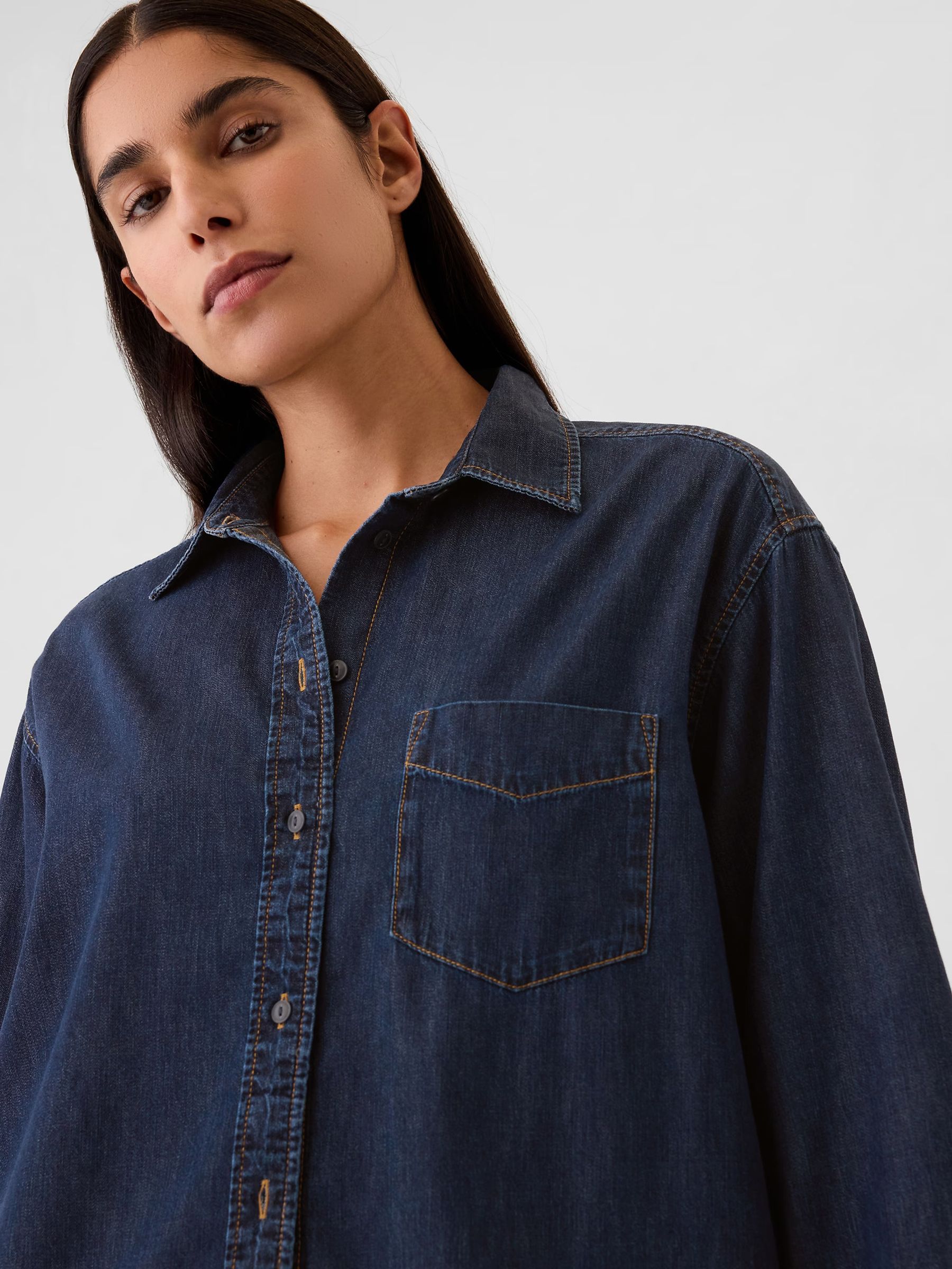 Dark Wash Blue Chambray Denim Oversized Shirt - Image 4 of 5