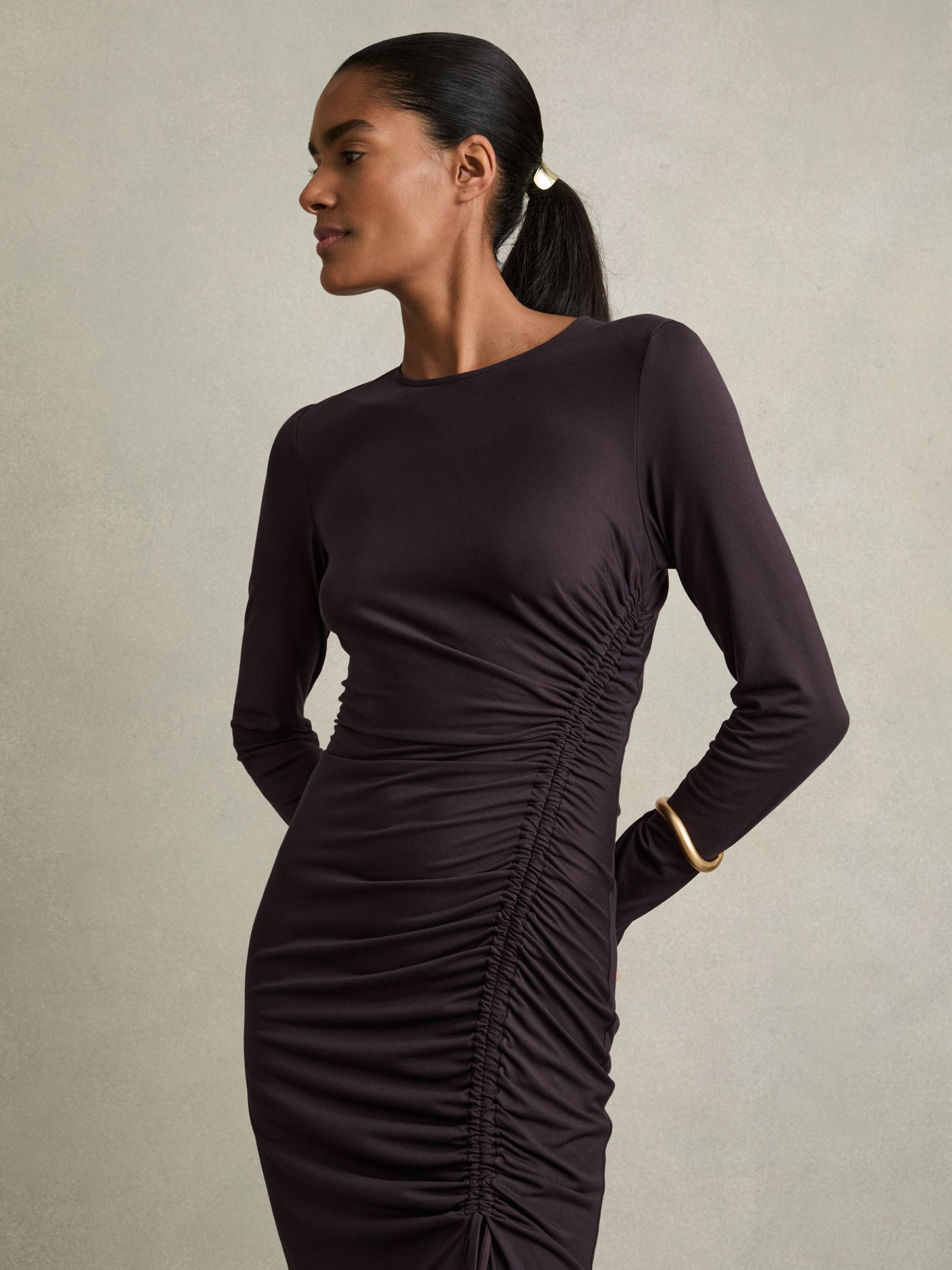 Jersey Ruched Midi Dress in Burgundy - Image 3 of 5