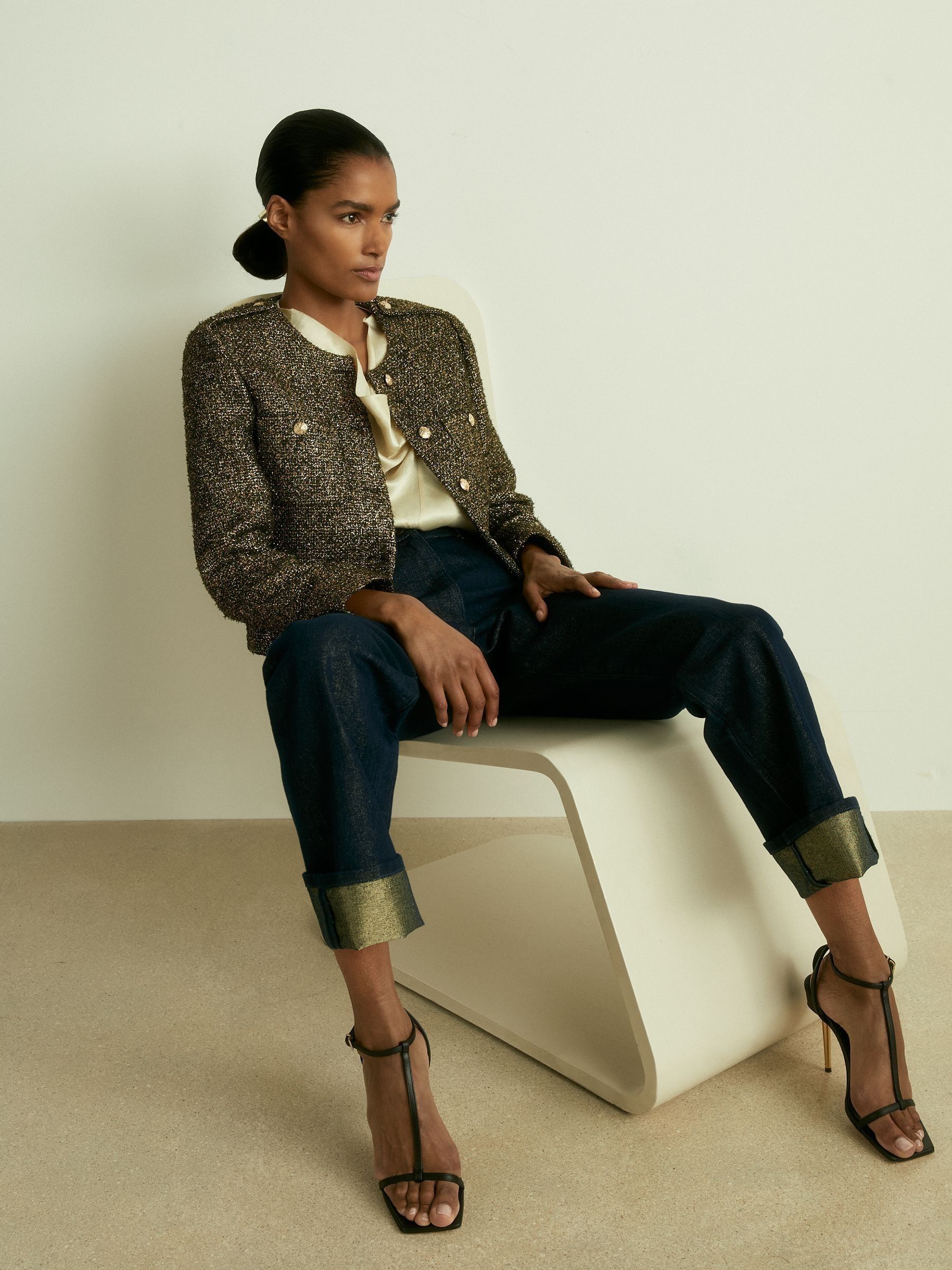 Lamé-Tweed Jacket in Gold - Image 1 of 8