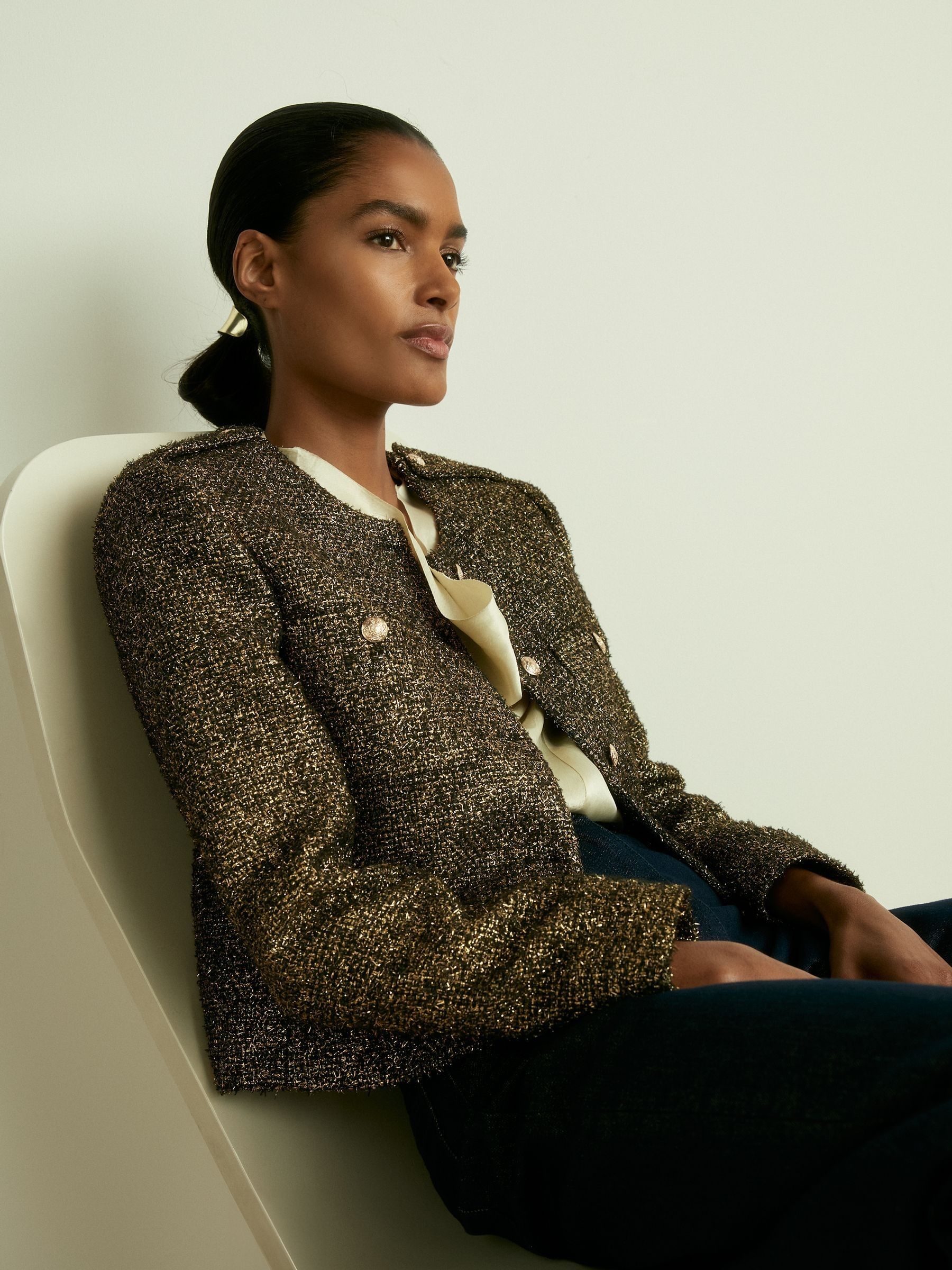 Reiss Lamé-Tweed Jacket in Gold | REISS
