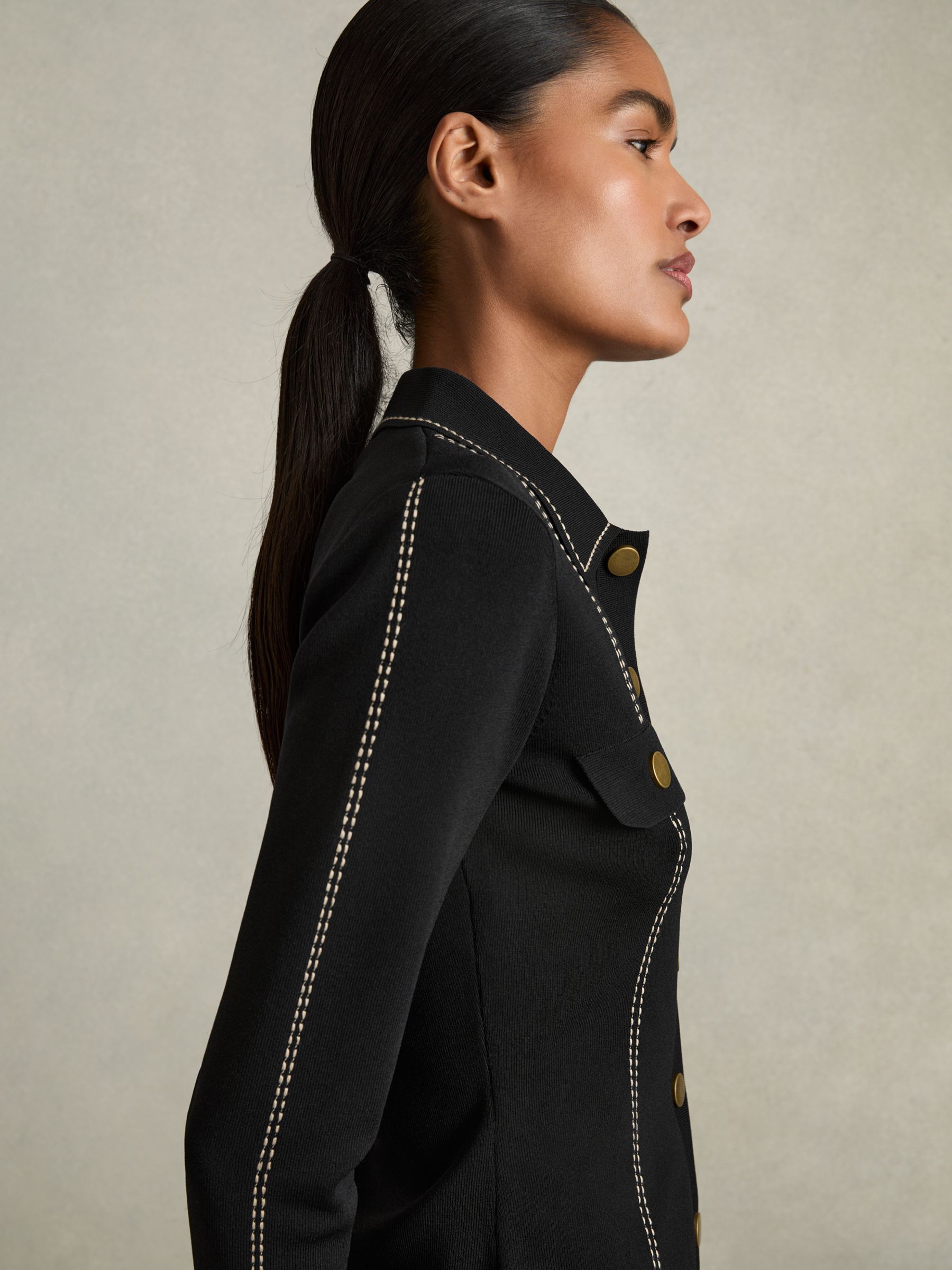 Compact-Knit Topstitched Press-Stud Top in Black - Image 1 of 7