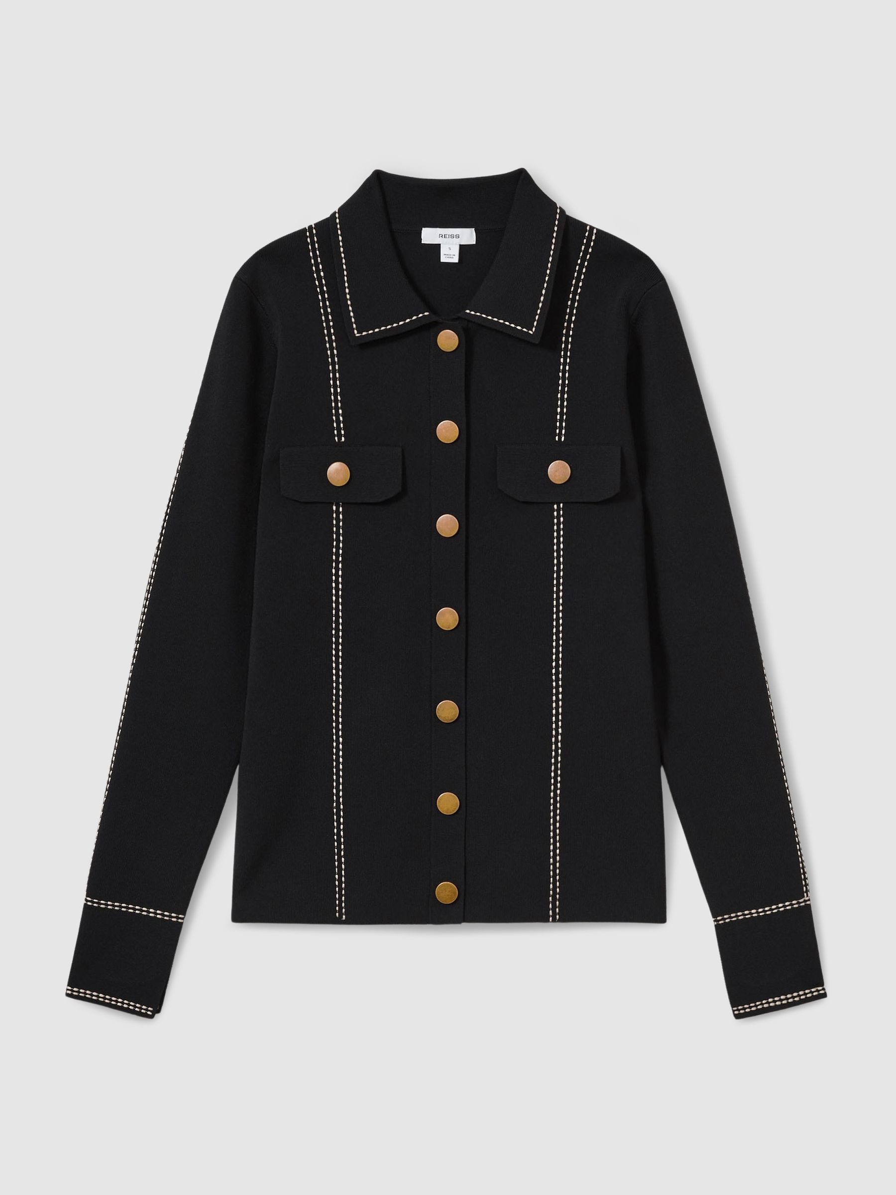 Compact-Knit Topstitched Press-Stud Top in Black - Image 2 of 7