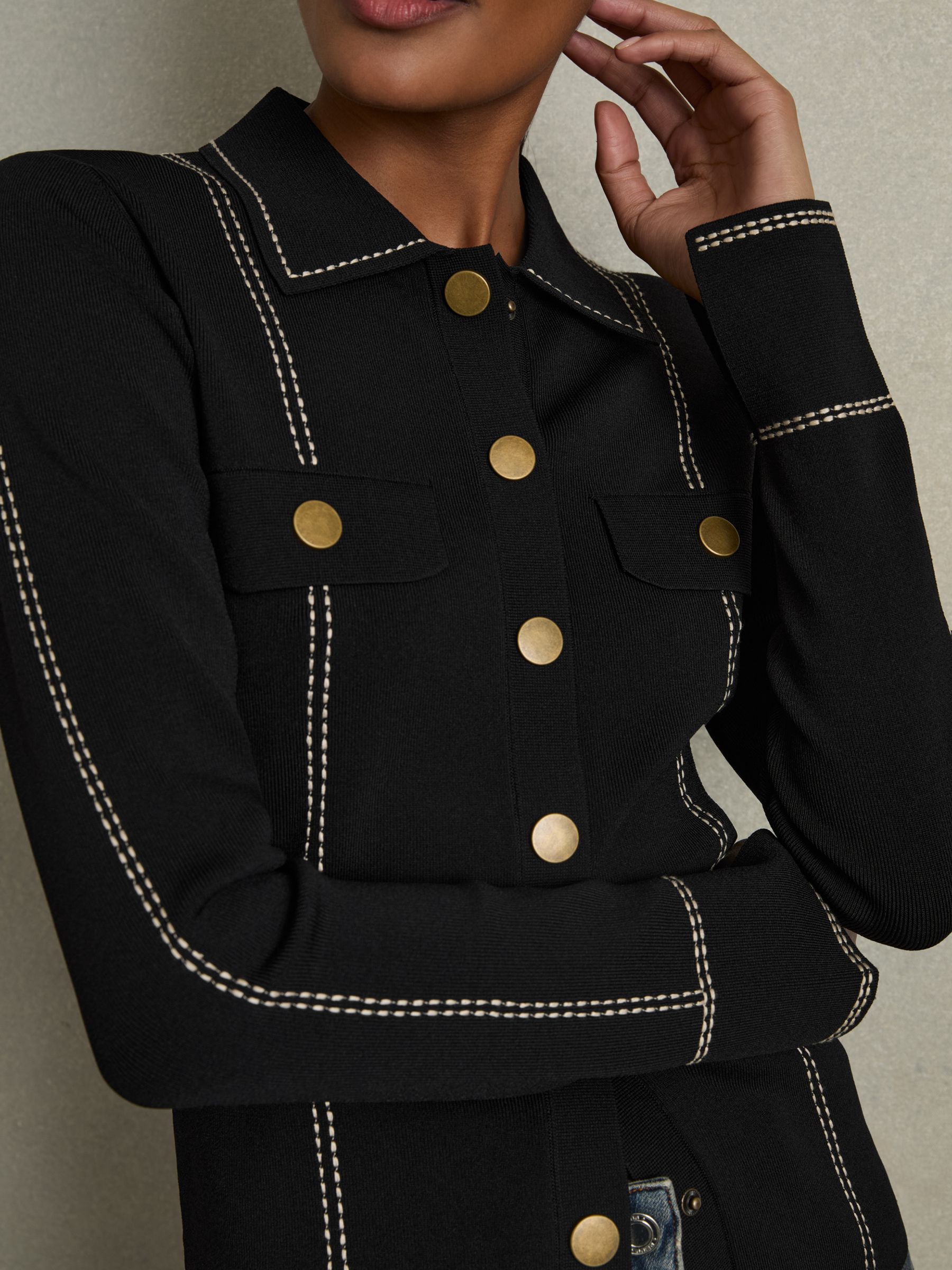 Compact-Knit Topstitched Press-Stud Top in Black - image 4