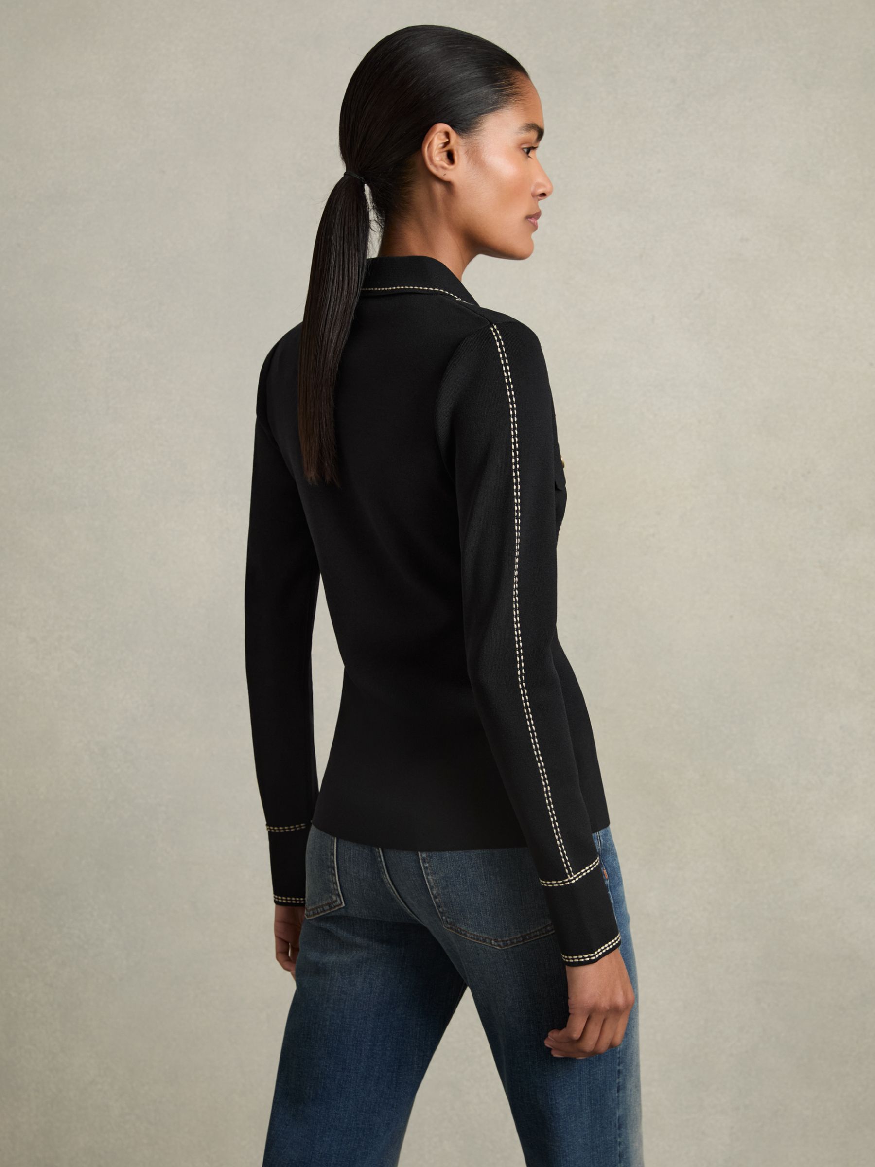 Compact-Knit Topstitched Press-Stud Top in Black - Image 5 of 7