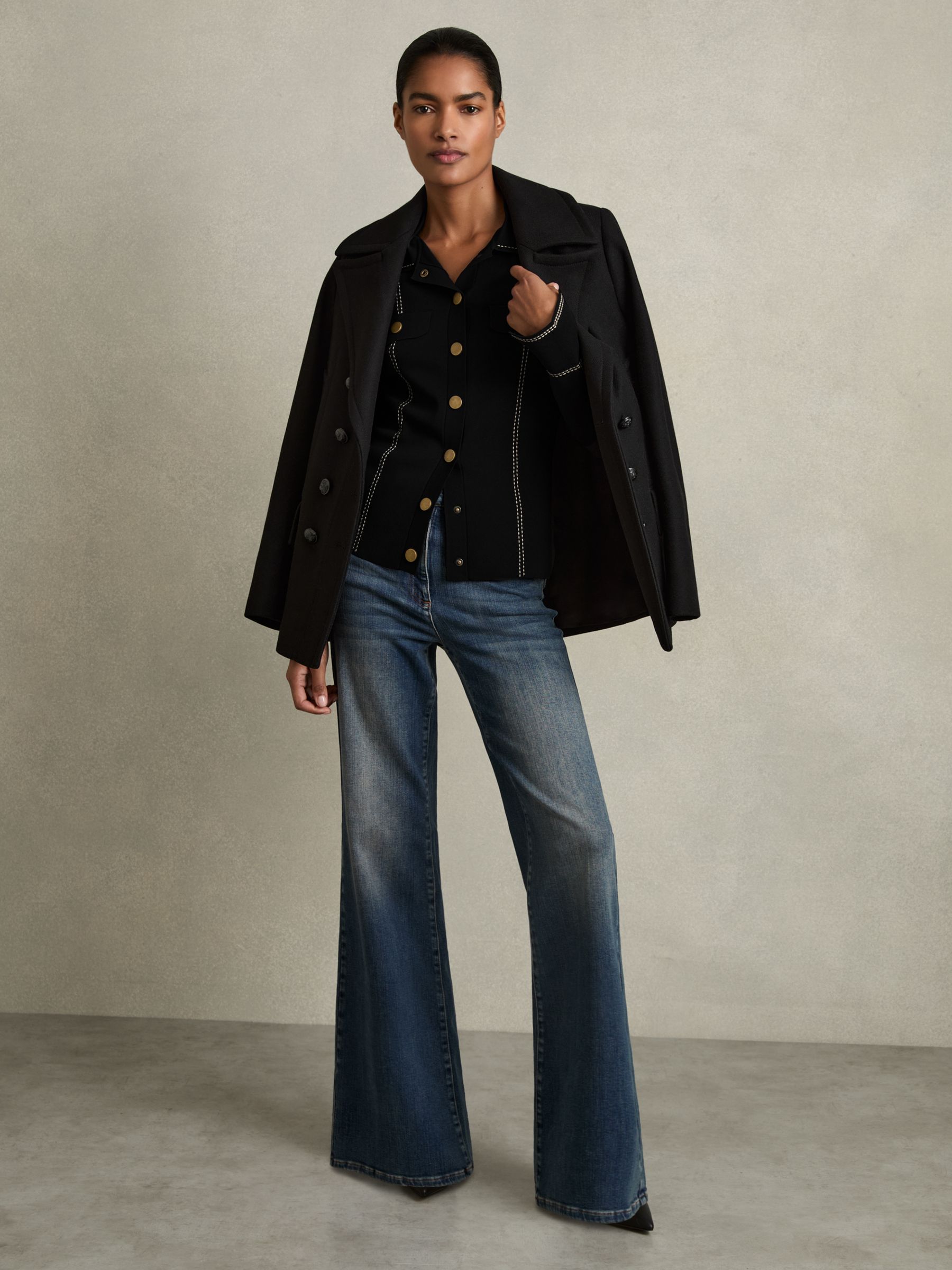 Compact-Knit Topstitched Press-Stud Top in Black - Image 6 of 7