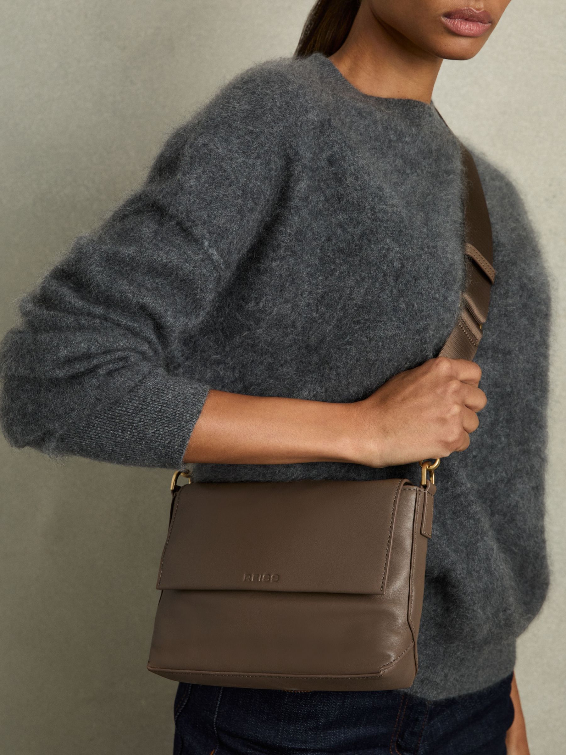 Leather Flap Crossbody Bag in Taupe - Image 2 of 5