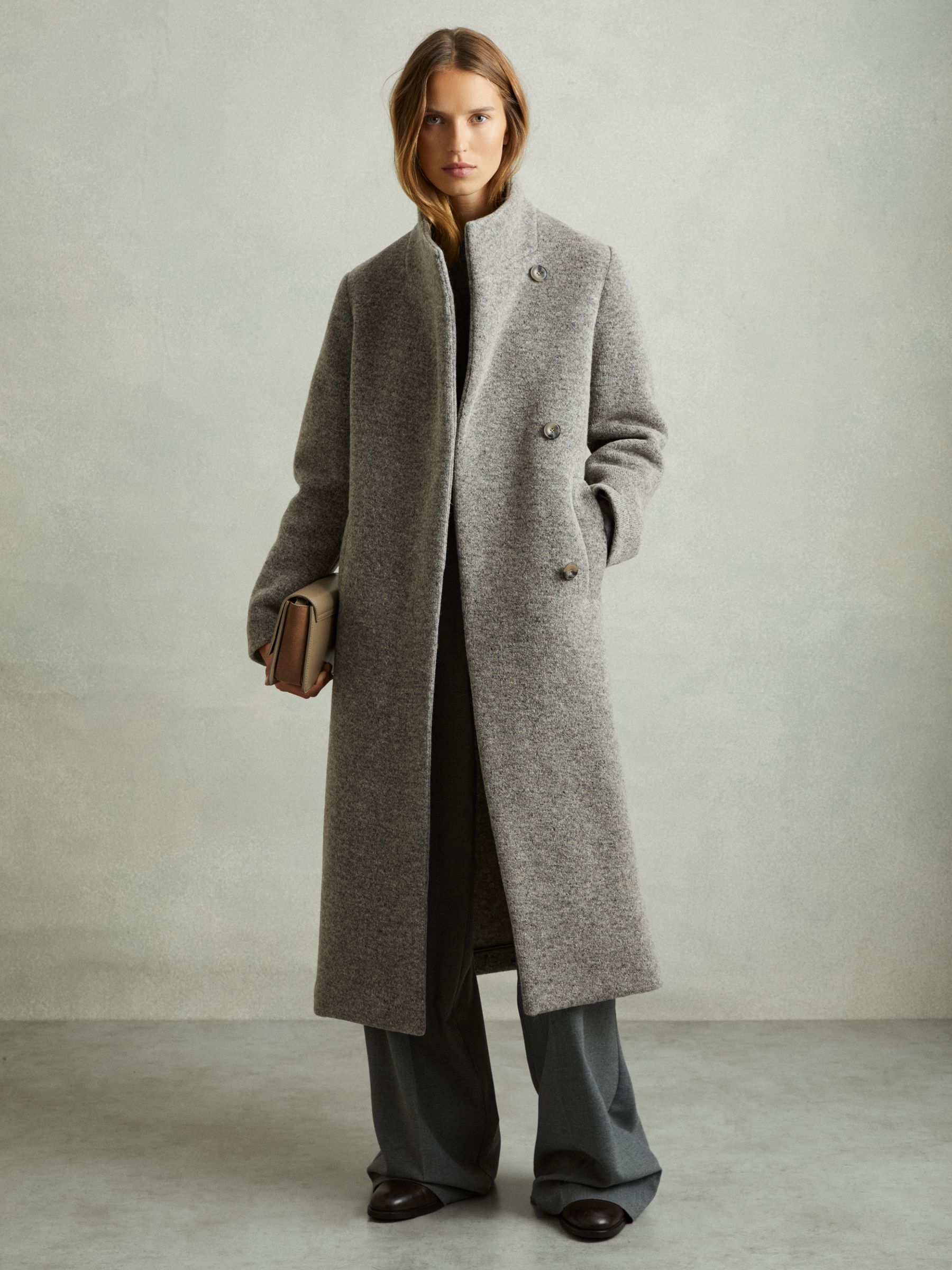 Knitted Funnel-Neck Coat in Grey - Image 1 of 6