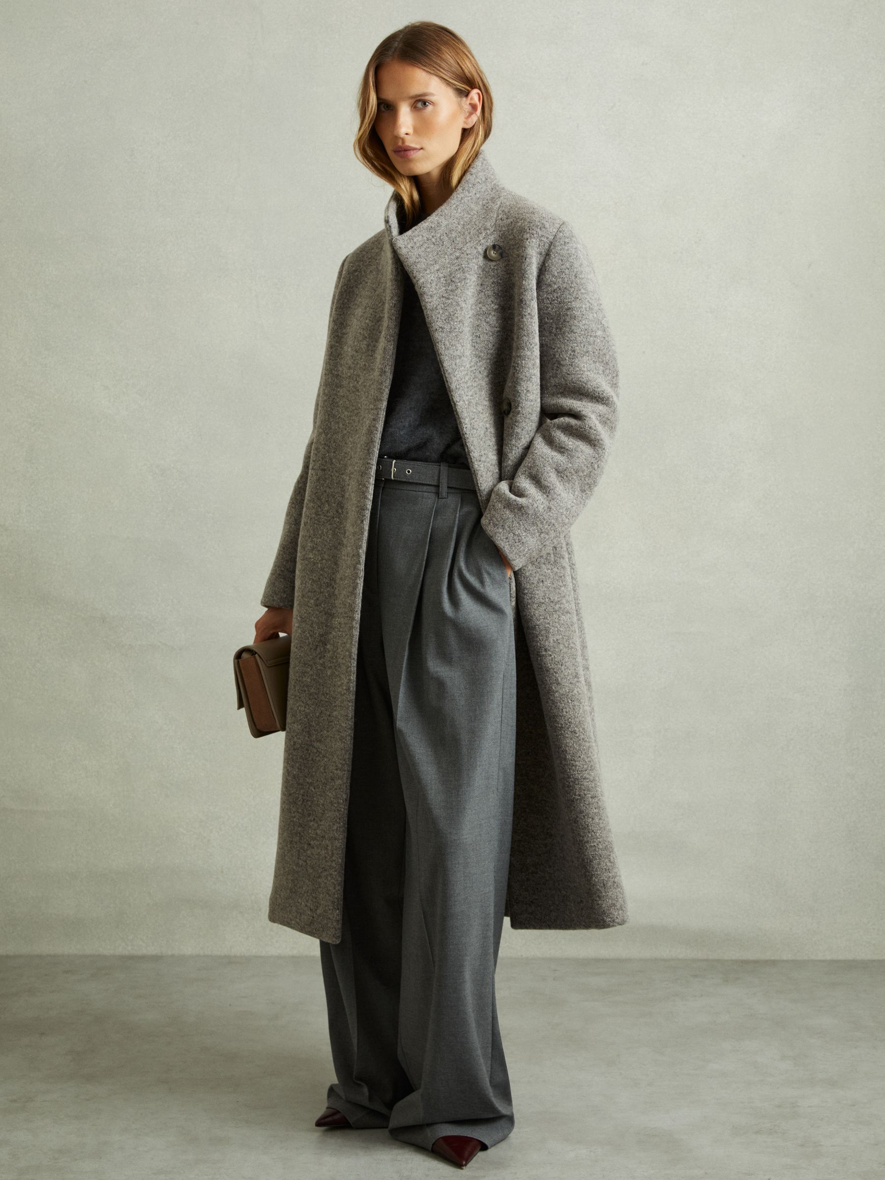 Knitted Funnel-Neck Coat in Grey - Image 3 of 6