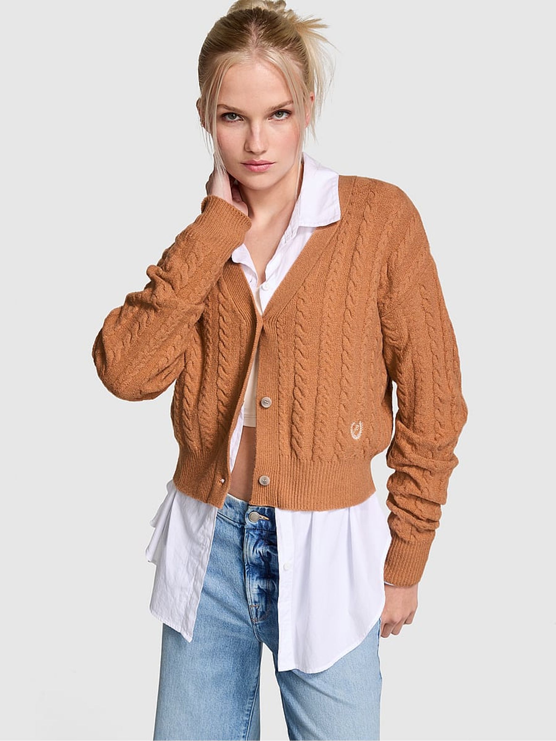 Toffee Brown Cropped Cable Knit Cardigan | Victoria's Secret UK