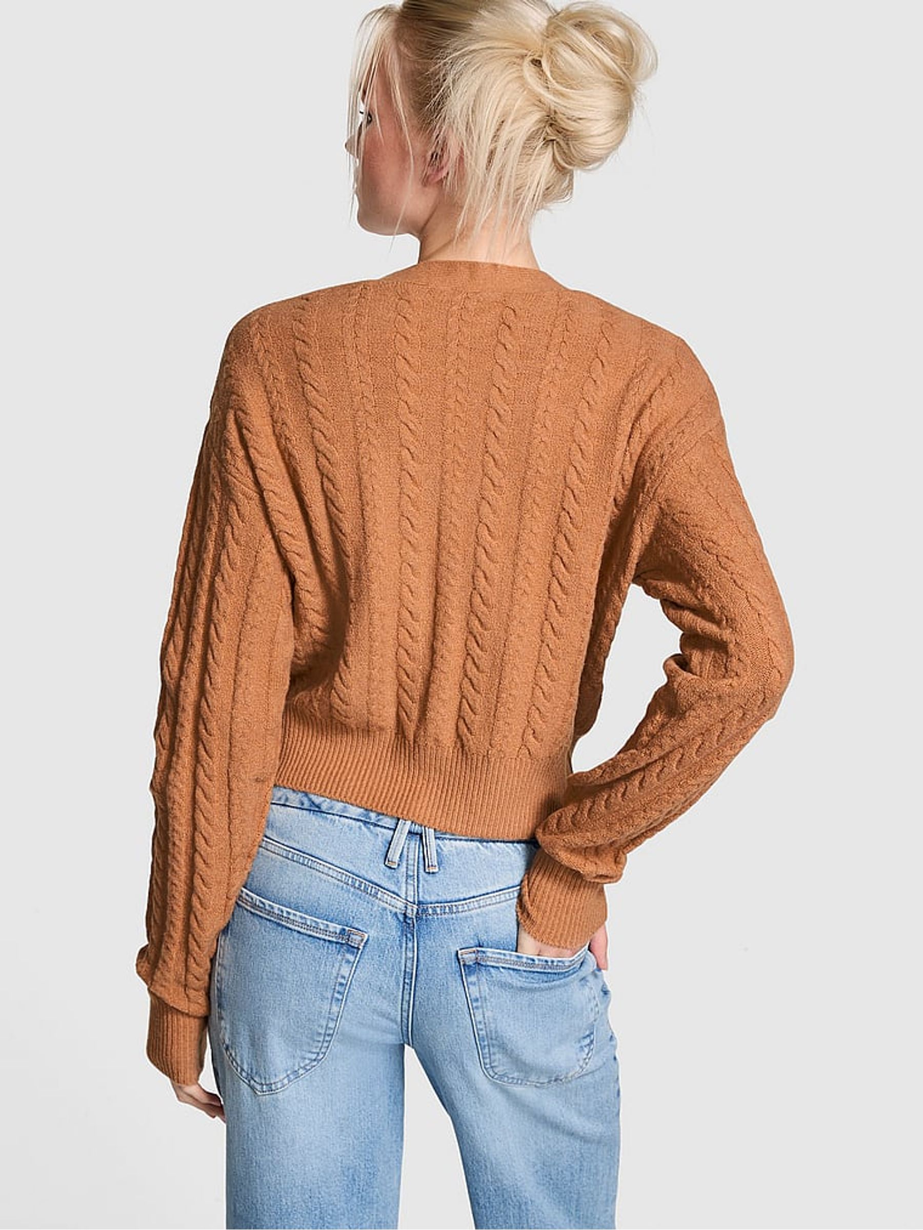 Toffee Brown Cropped Cable Knit Cardigan - Image 2 of 3