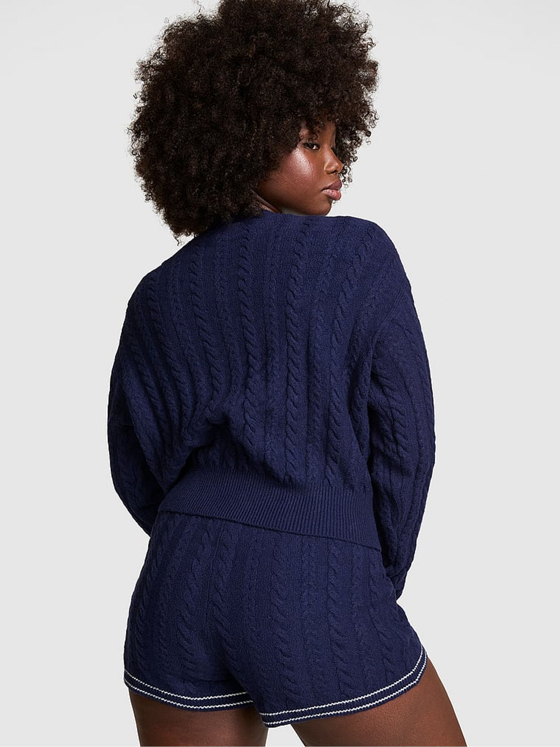 Midnight Navy Blue Cropped Cable Knit Cardigan - Image 2 of 3
