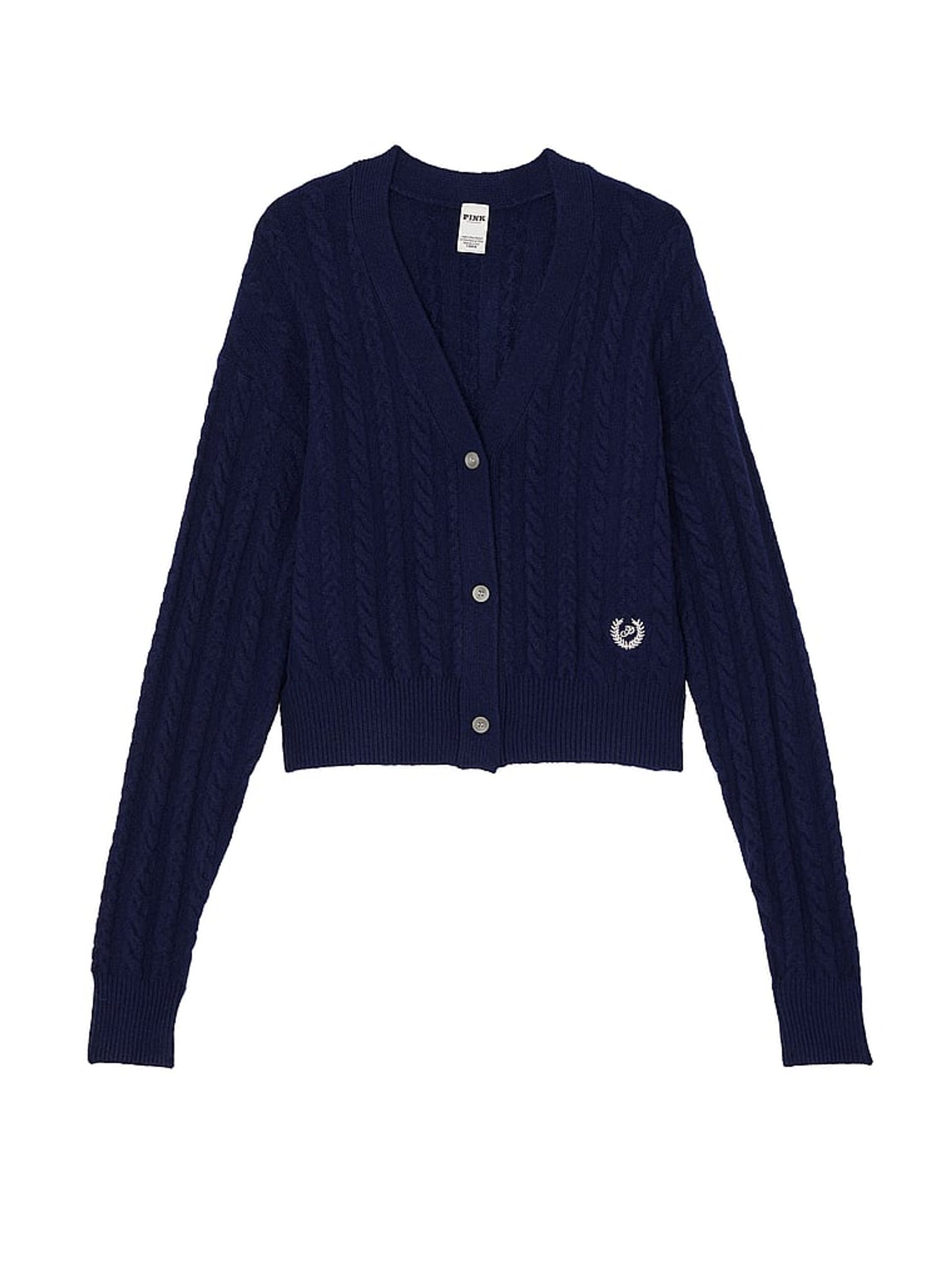 Midnight Navy Blue Cropped Cable Knit Cardigan - Image 3 of 3