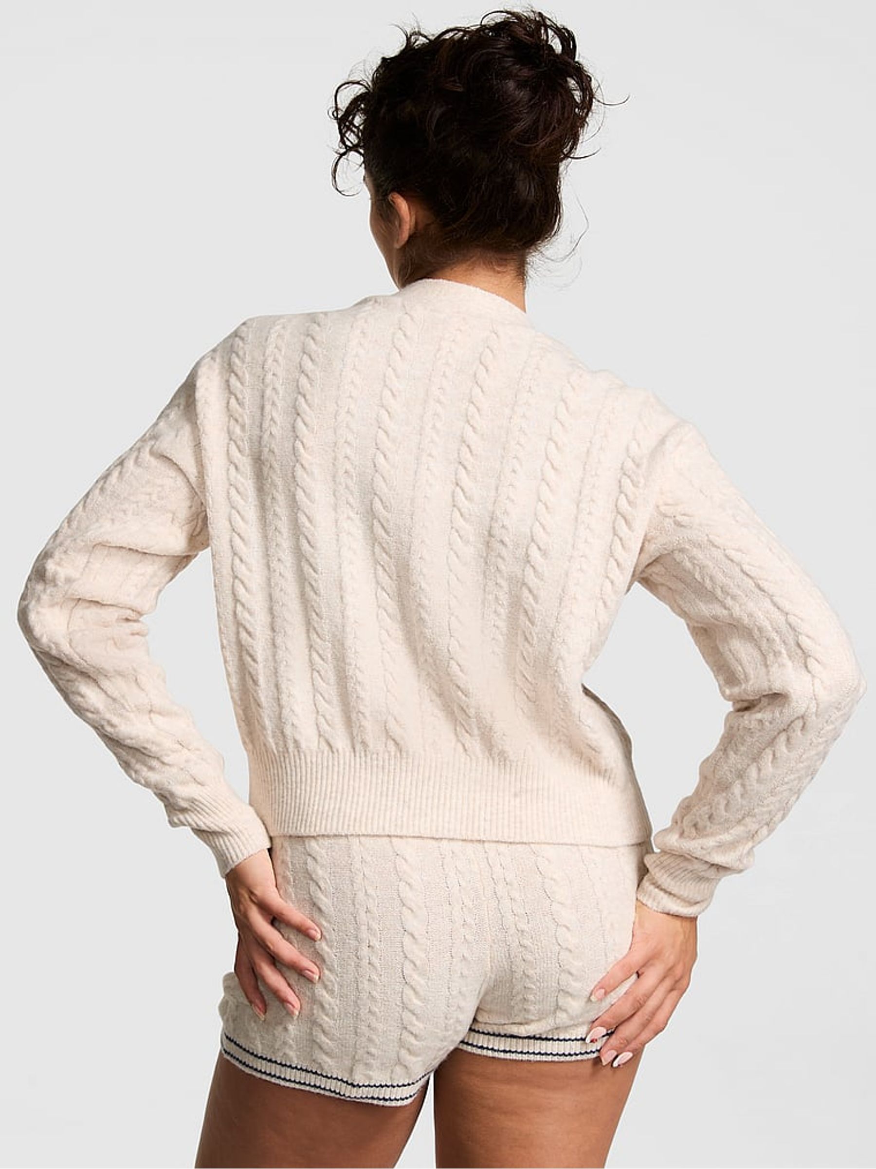 Heather Oatmeal Beige Cropped Cable Knit Cardigan - Image 2 of 3