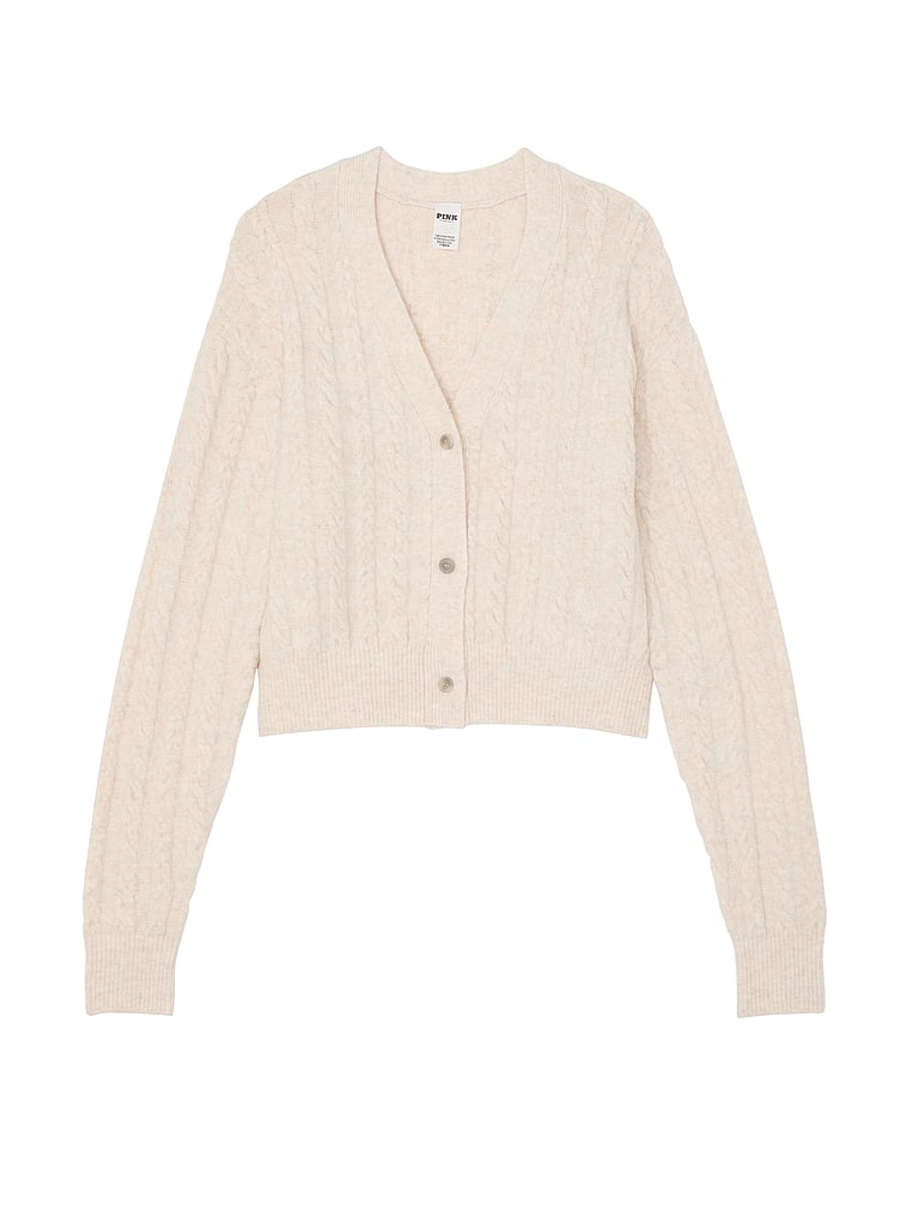 Heather Oatmeal Beige Cropped Cable Knit Cardigan - Image 3 of 3