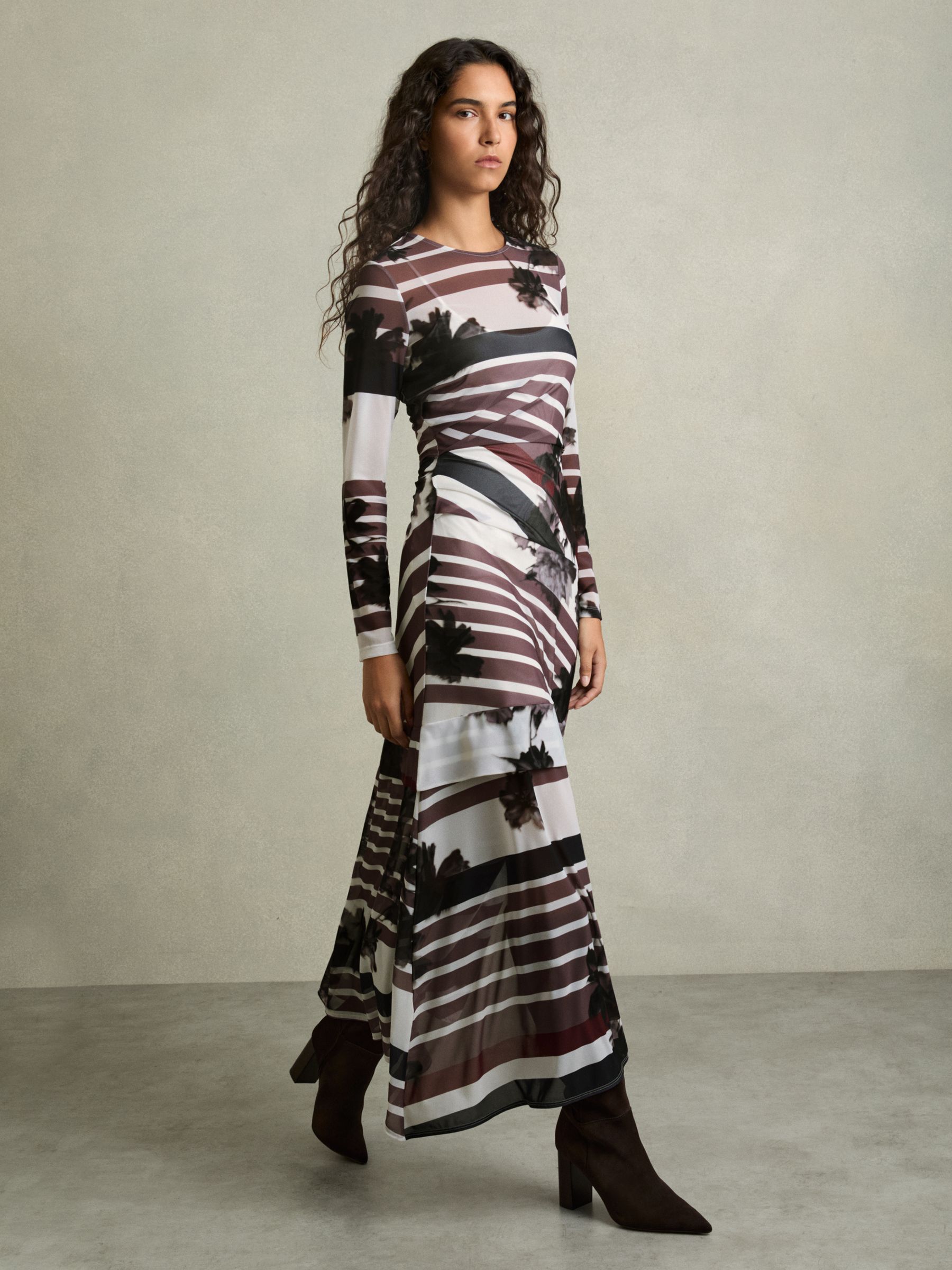 Stretch-Mesh Stripe-Print Ruched Dress in Burgundy/Black - Image 1 of 5
