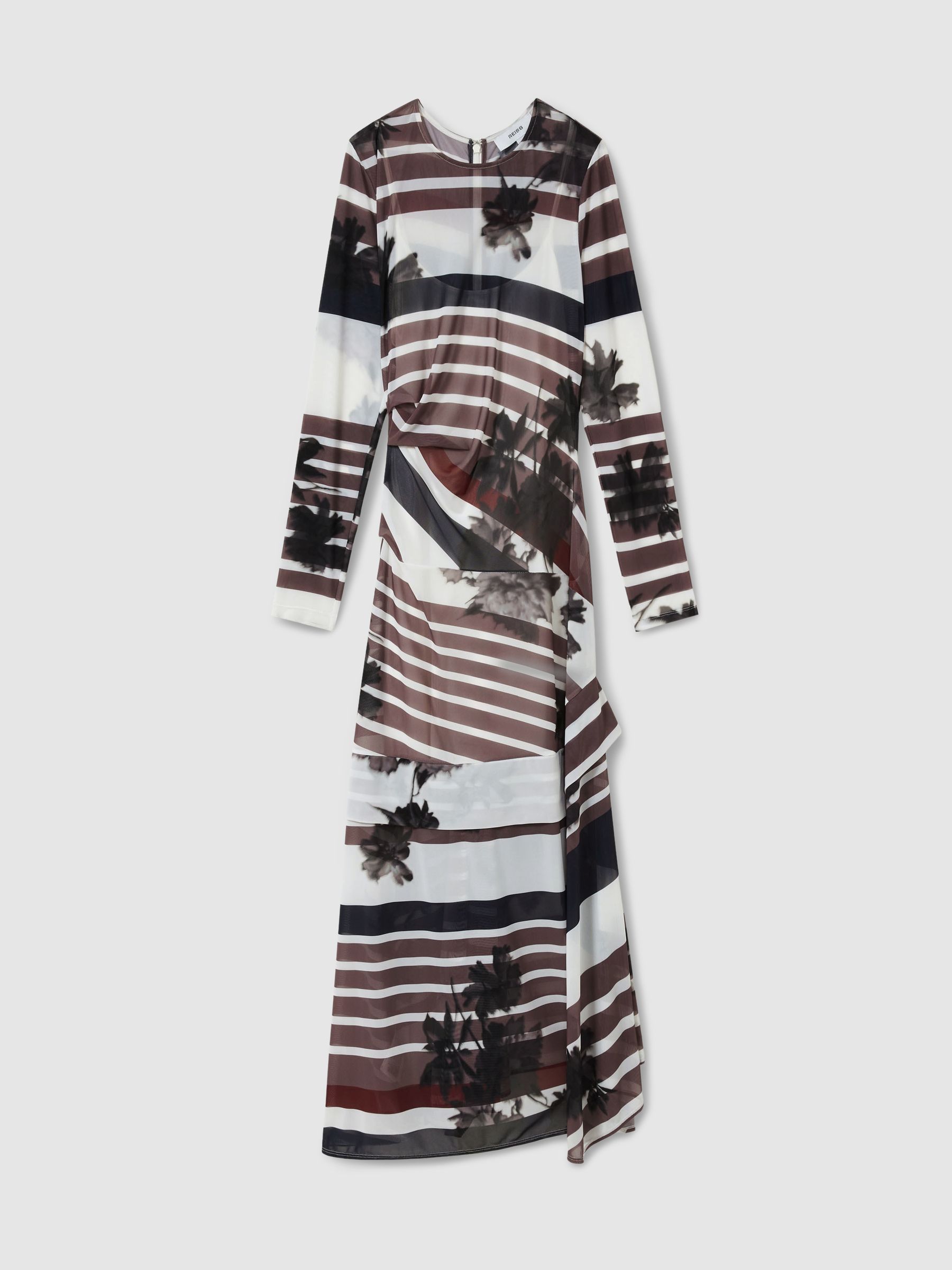 Stretch-Mesh Stripe-Print Ruched Dress in Burgundy/Black - Image 2 of 5