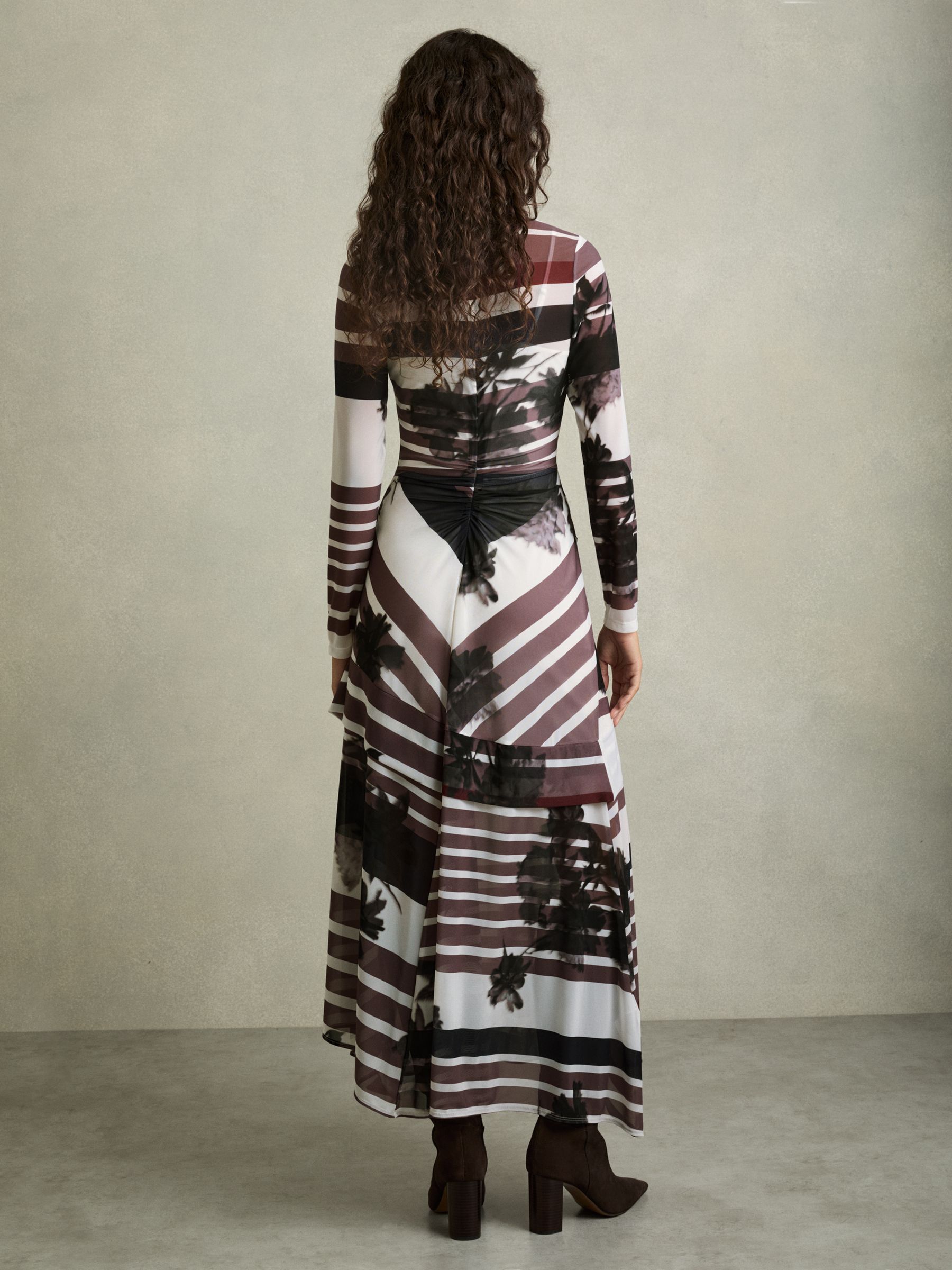 Stretch-Mesh Stripe-Print Ruched Dress in Burgundy/Black - image 4