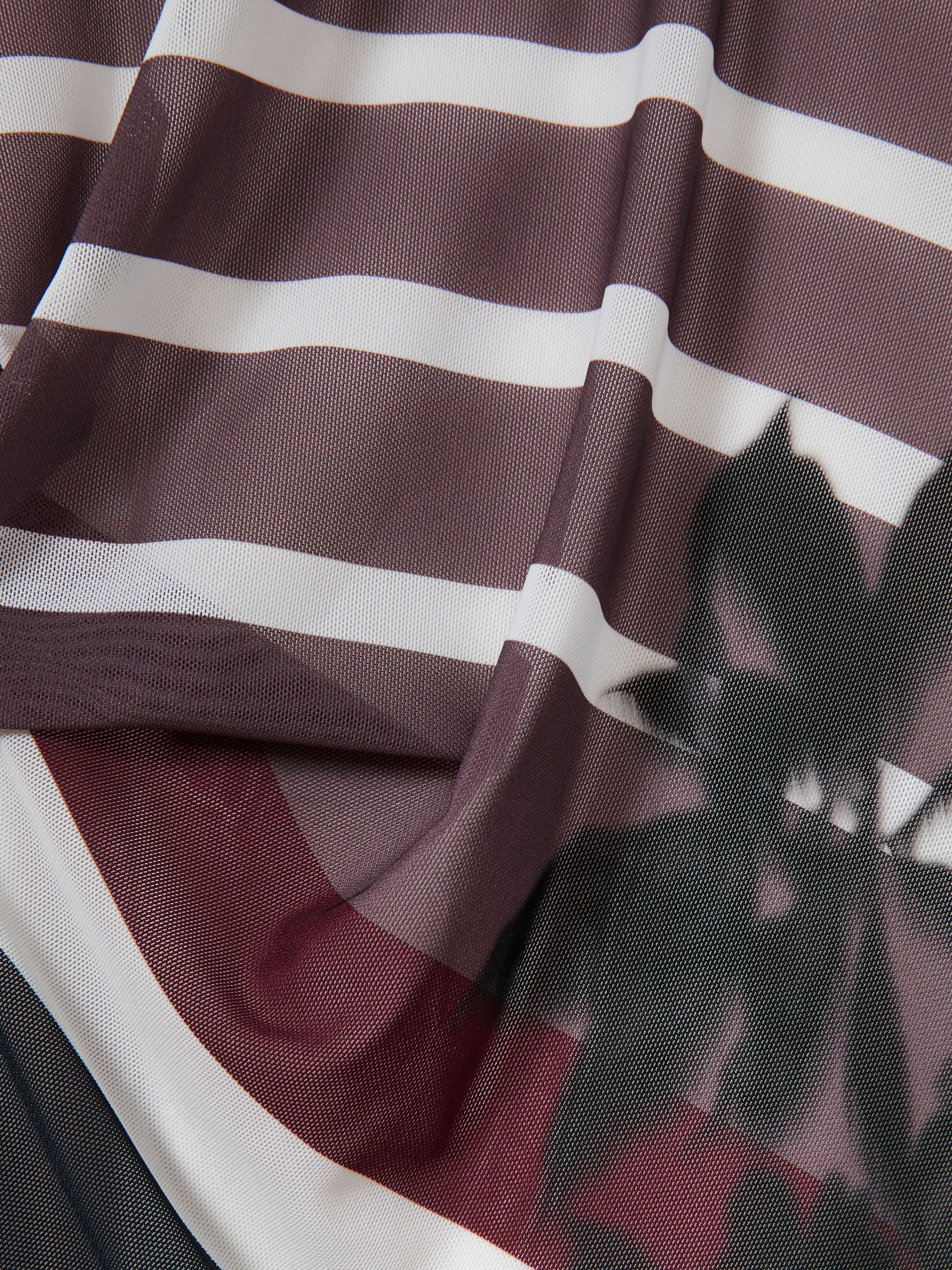 Stretch-Mesh Stripe-Print Ruched Dress in Burgundy/Black - image 5
