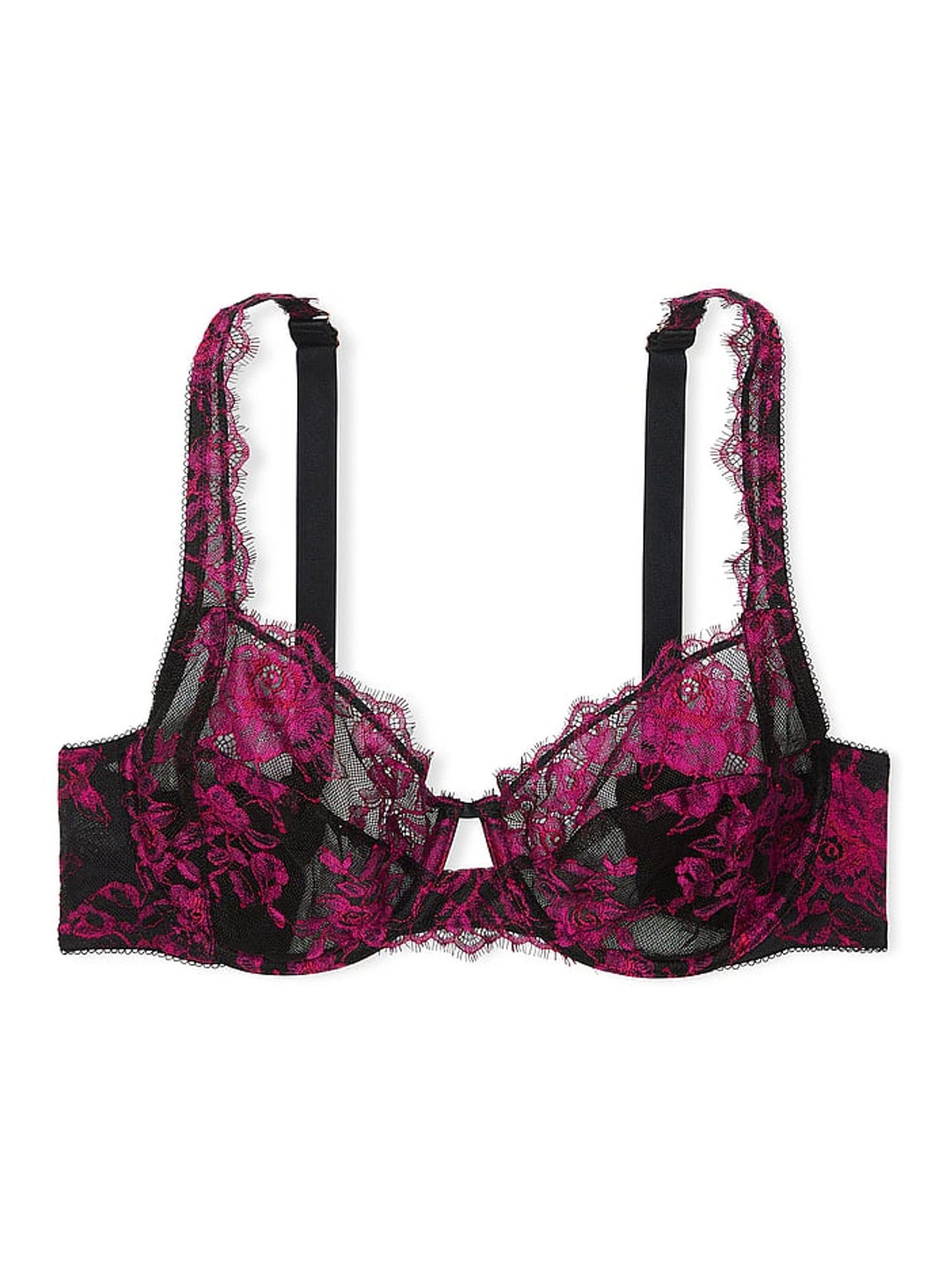 Black & Pink Full Cup Support Rose Lace Unlined Bra - Image 3 of 3