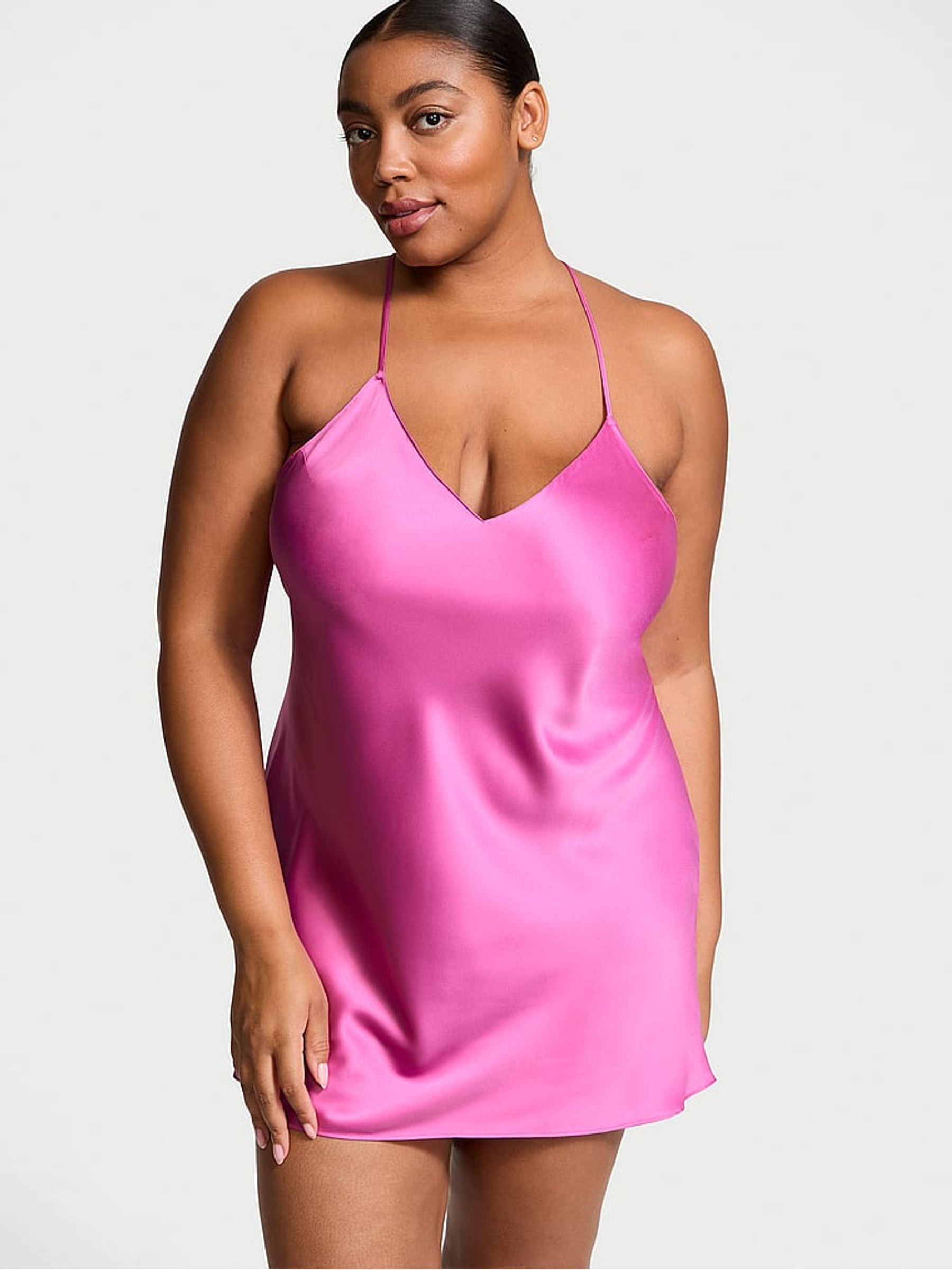 New Peony Pink Mini Satin Open Back Slip - Image 1 of 3