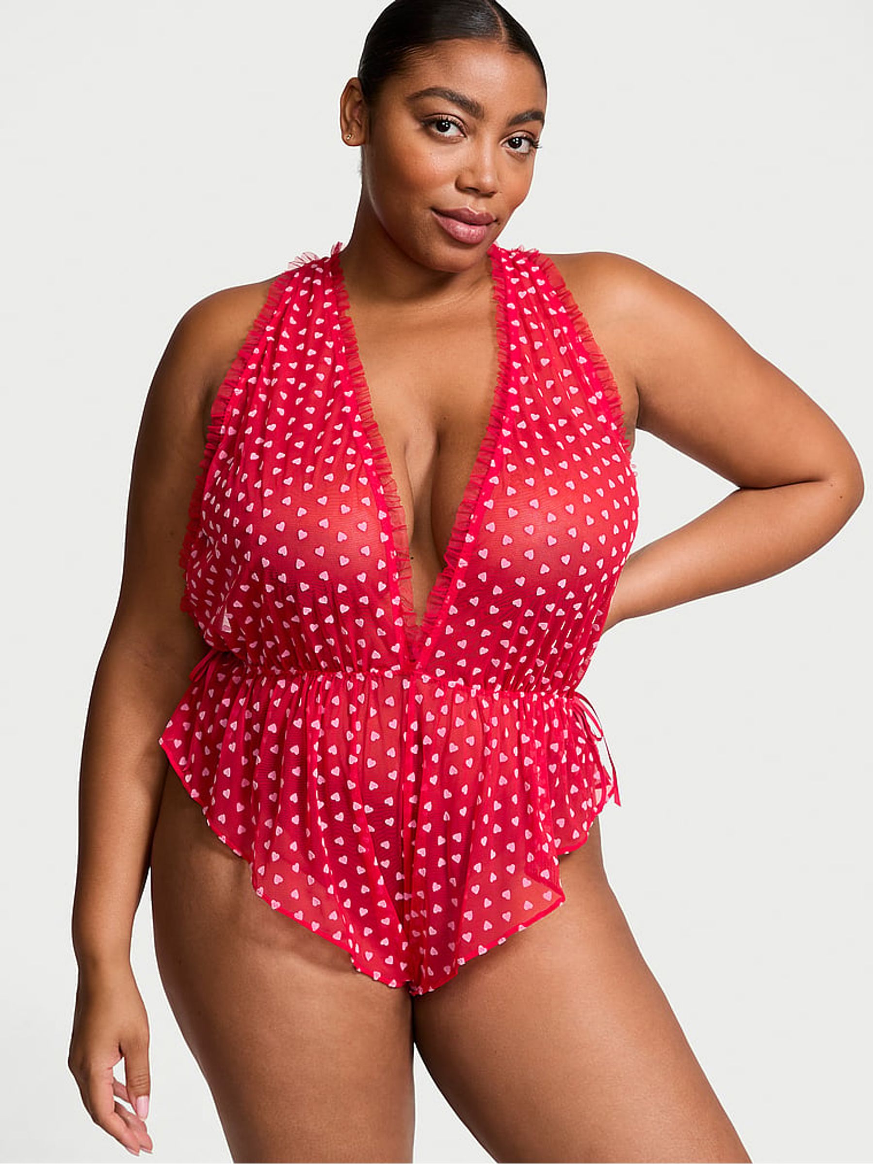 Vermillion Red Tease Mini Hearts Flocked Mesh Playsuit - Image 1 of 3