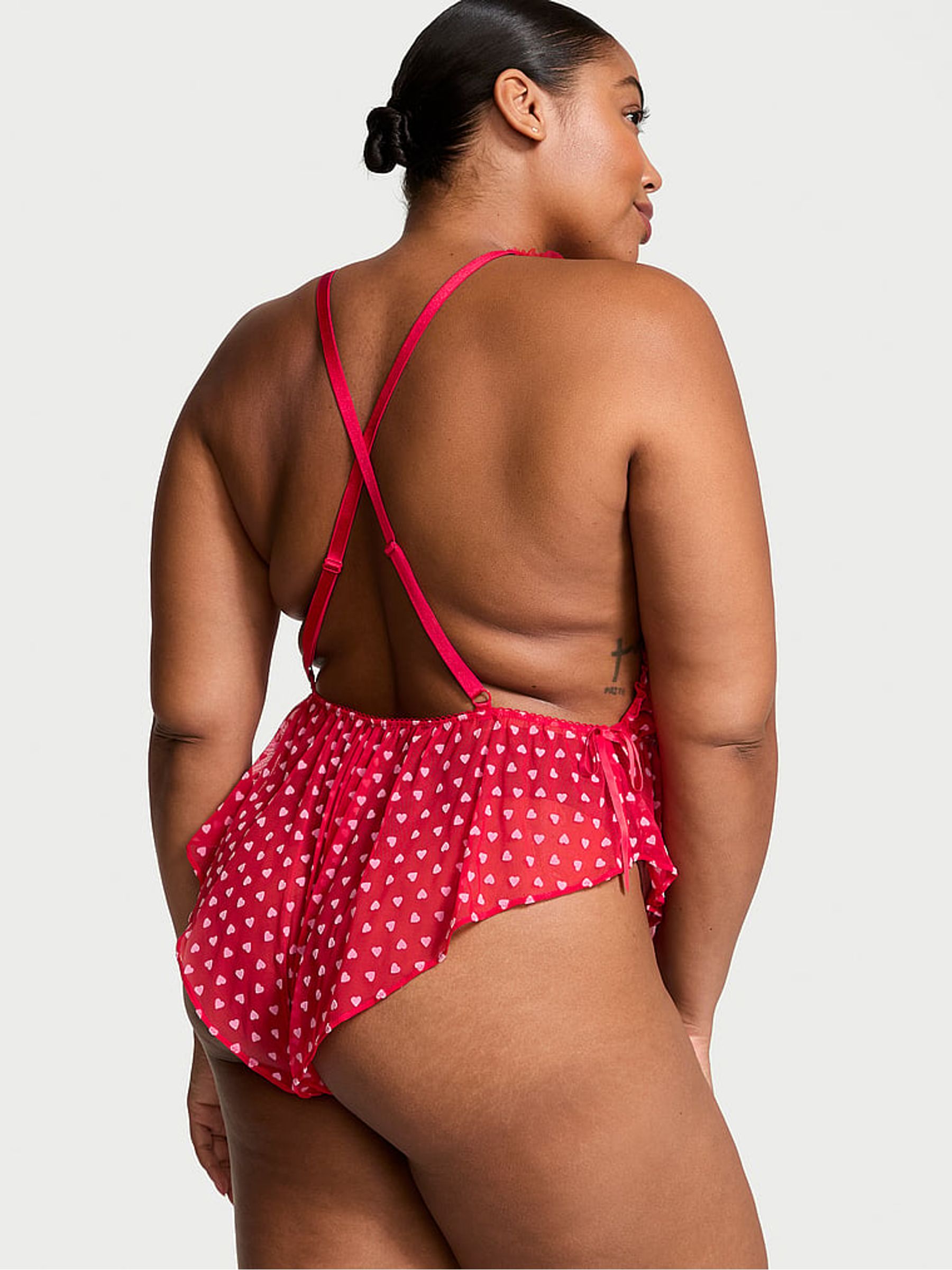Vermillion Red Tease Mini Hearts Flocked Mesh Playsuit - Image 2 of 3