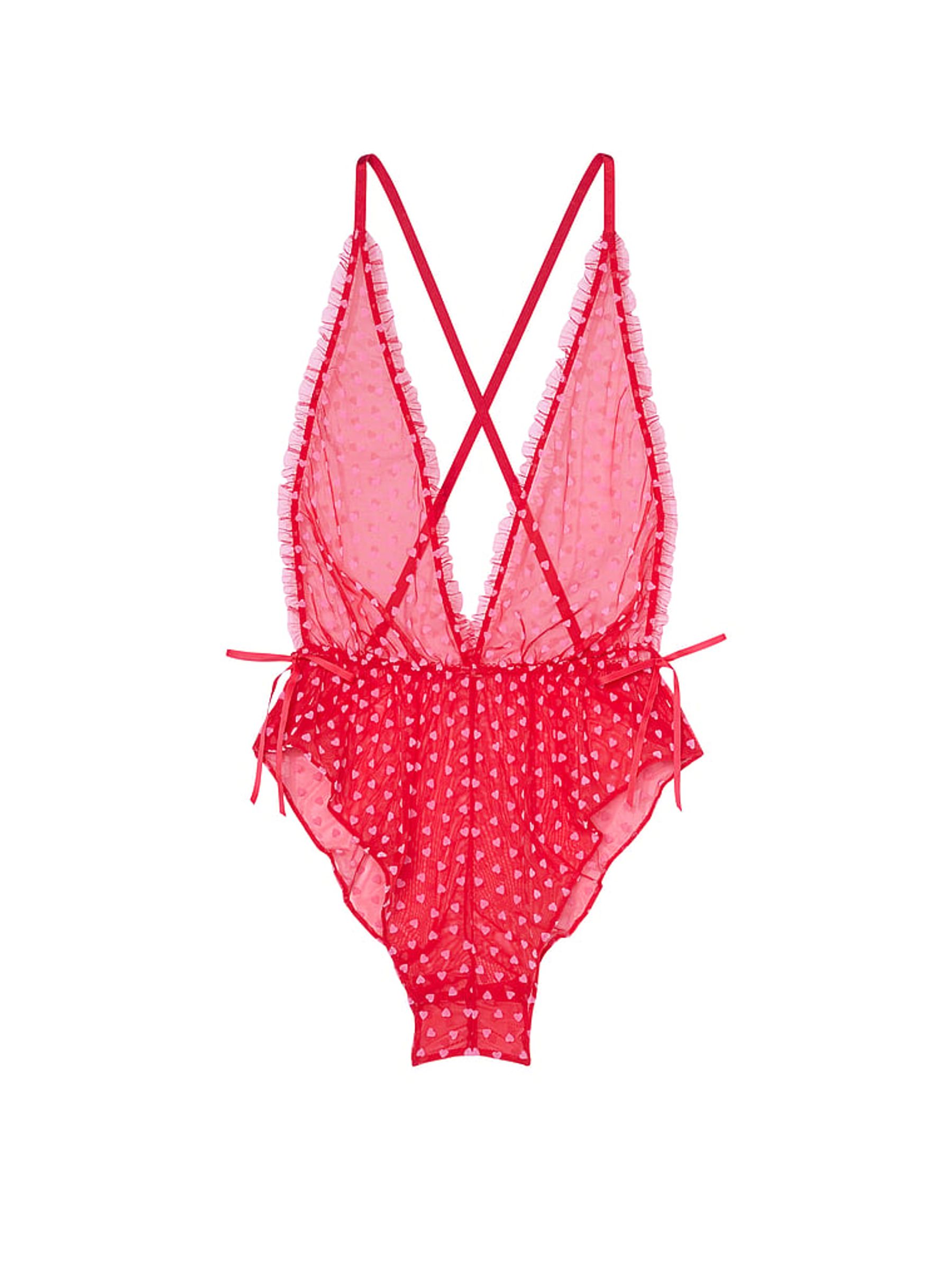 Vermillion Red Tease Mini Hearts Flocked Mesh Playsuit - Image 3 of 3