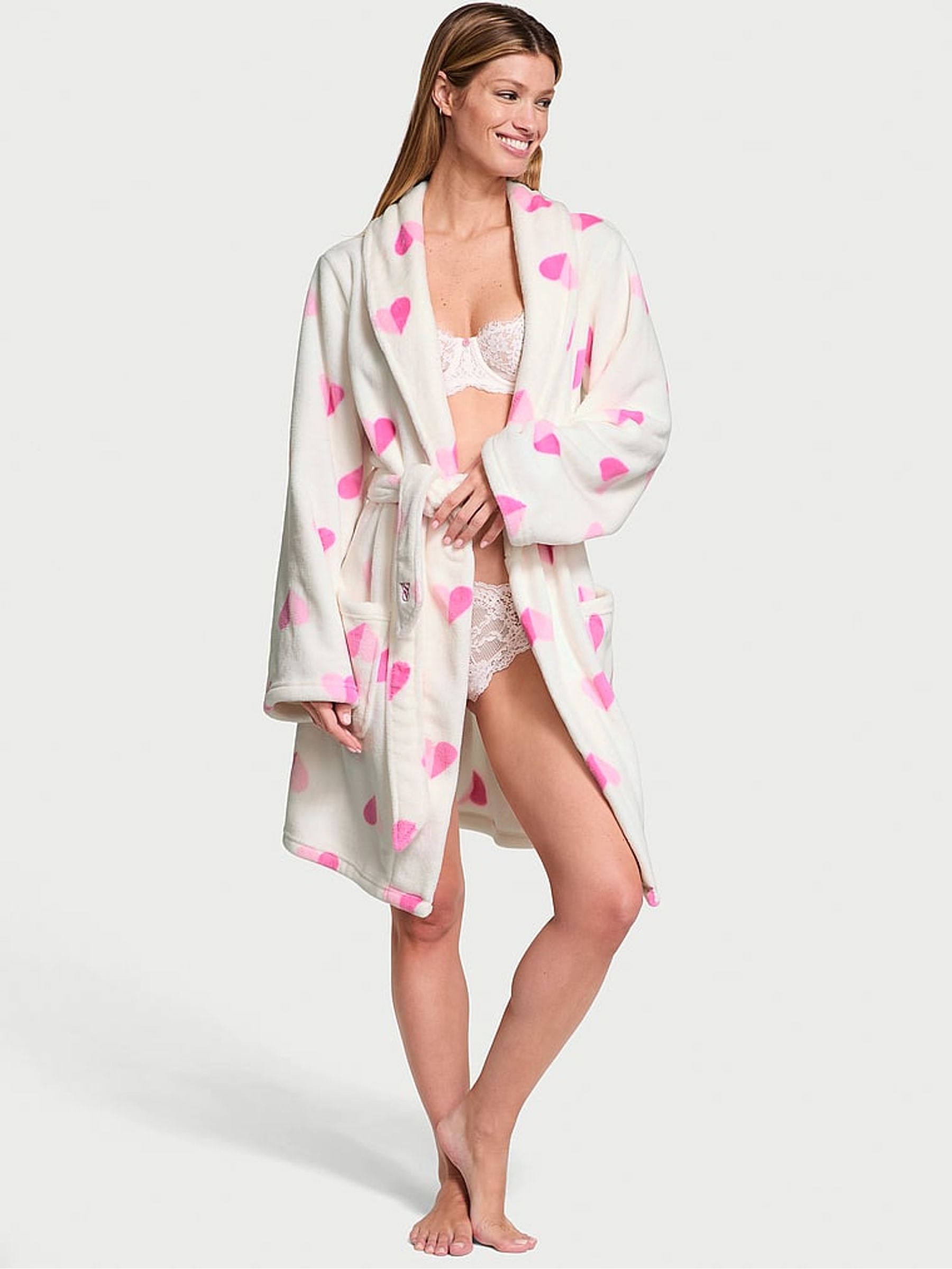 Coconut White & Pink Hearts Cosy Short Dressing Gown - Image 1 of 3