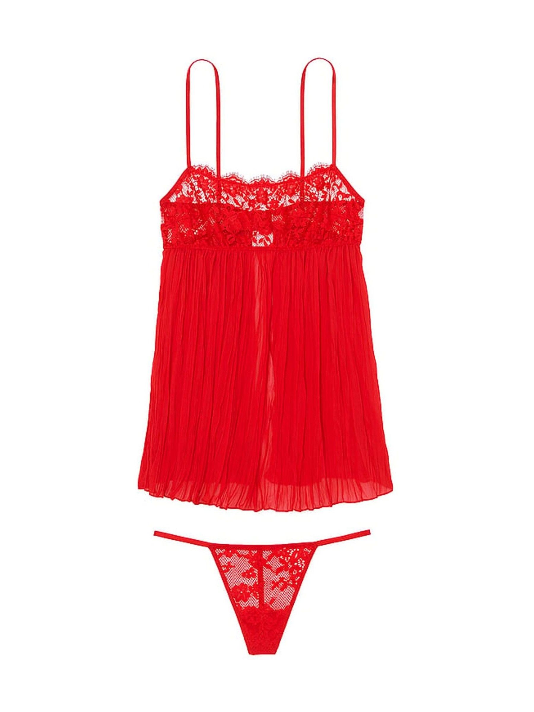 Vermillion Red Lace Top Pleated Babydoll Set - Image 2 of 2