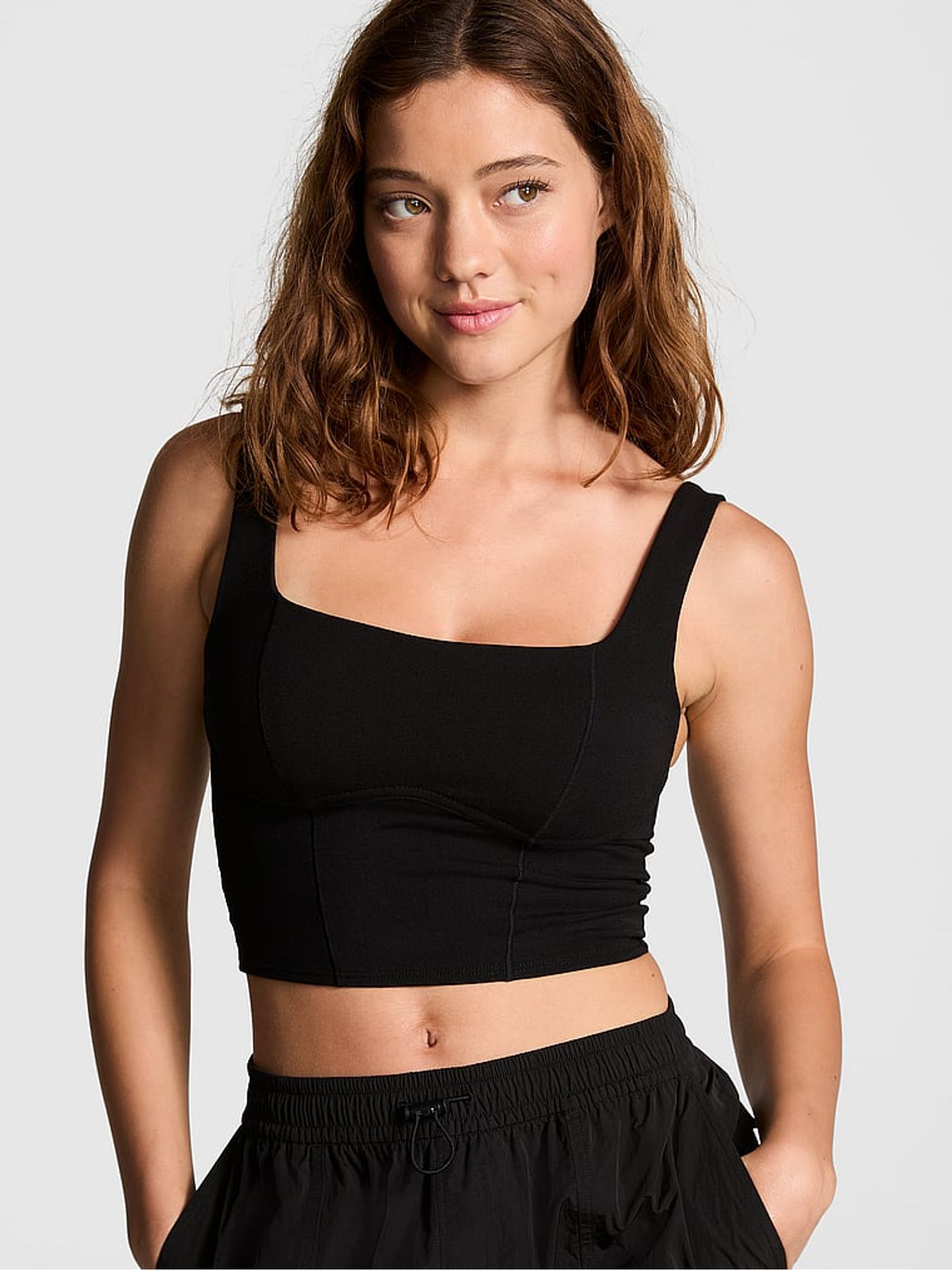 Pure Black Shine Cotton Scoop Sports Bra Top - Image 1 of 4