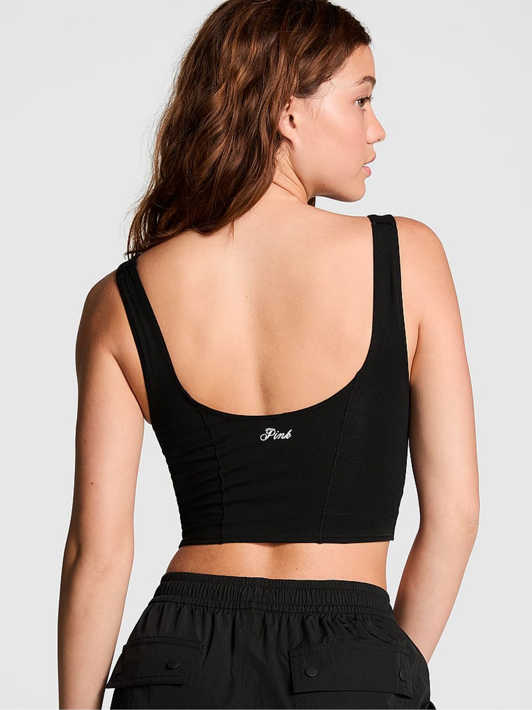 Pure Black Shine Cotton Scoop Sports Bra Top - Image 2 of 4