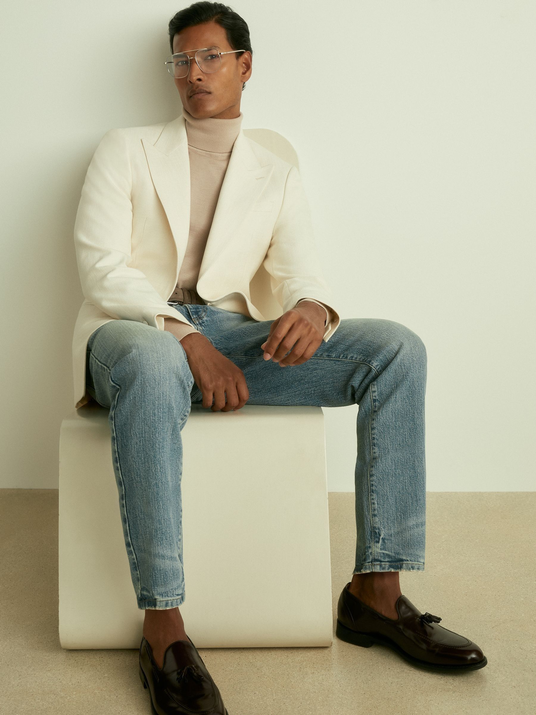 SIngle-Breasted Twill Blazer in Off White - Image 1 of 9