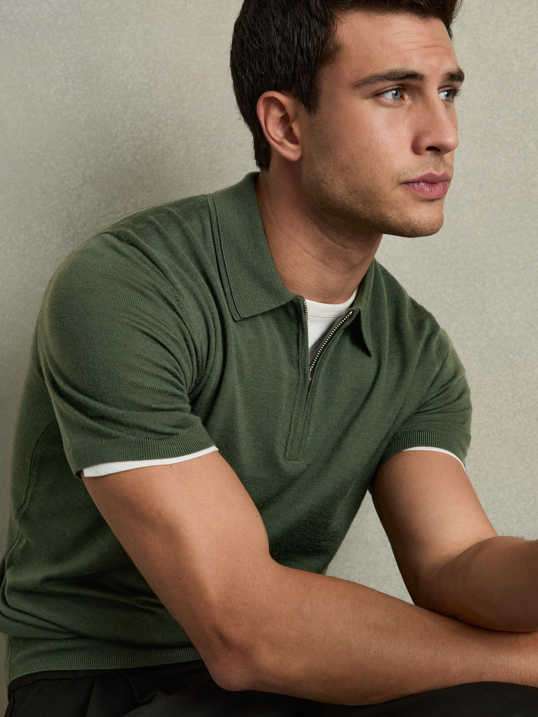 Merino Wool Half-Zip Polo Shirt in Dark Kale Green - Image 1 of 7