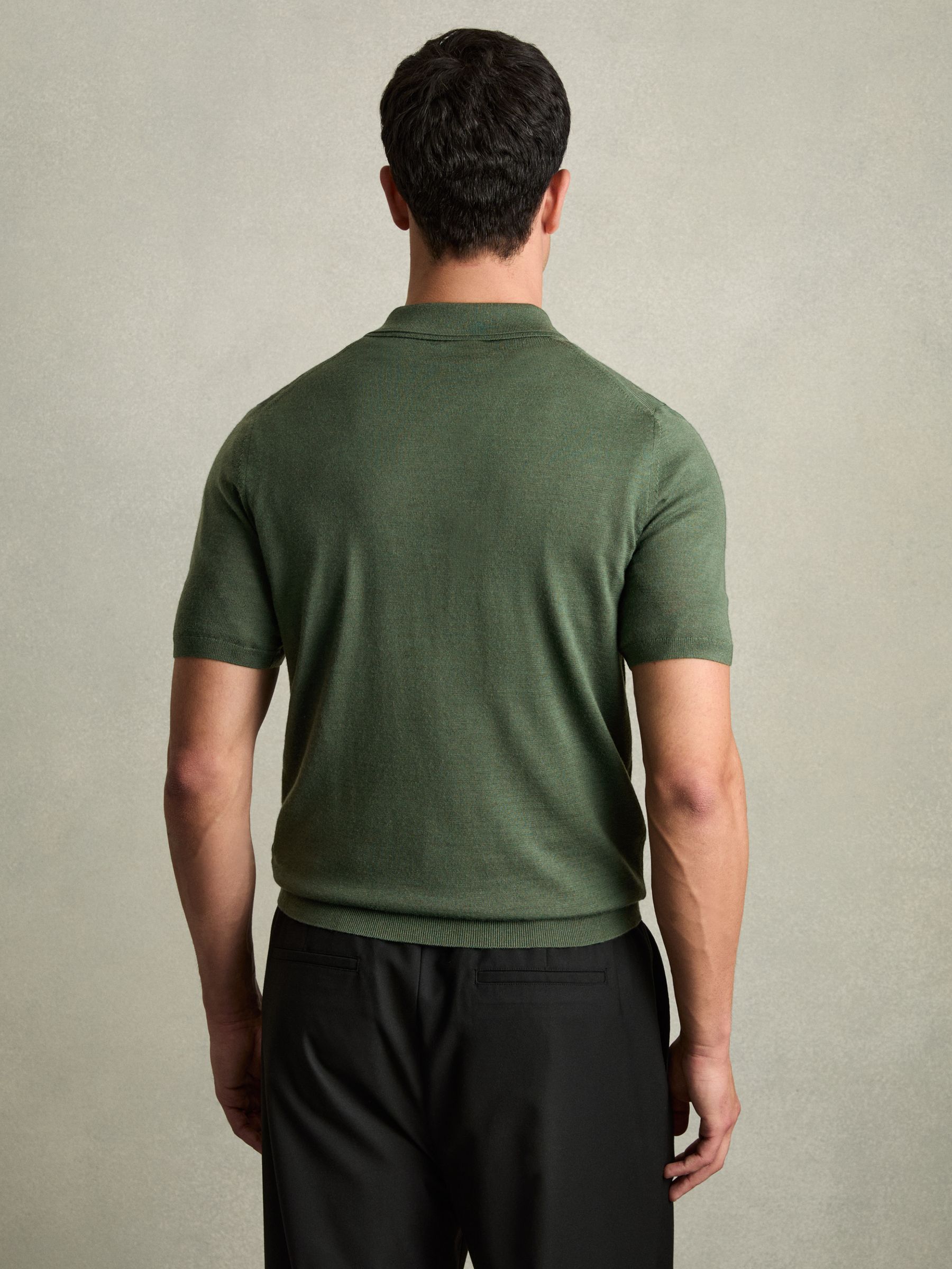 Merino Wool Half-Zip Polo Shirt in Dark Kale Green - Image 5 of 7