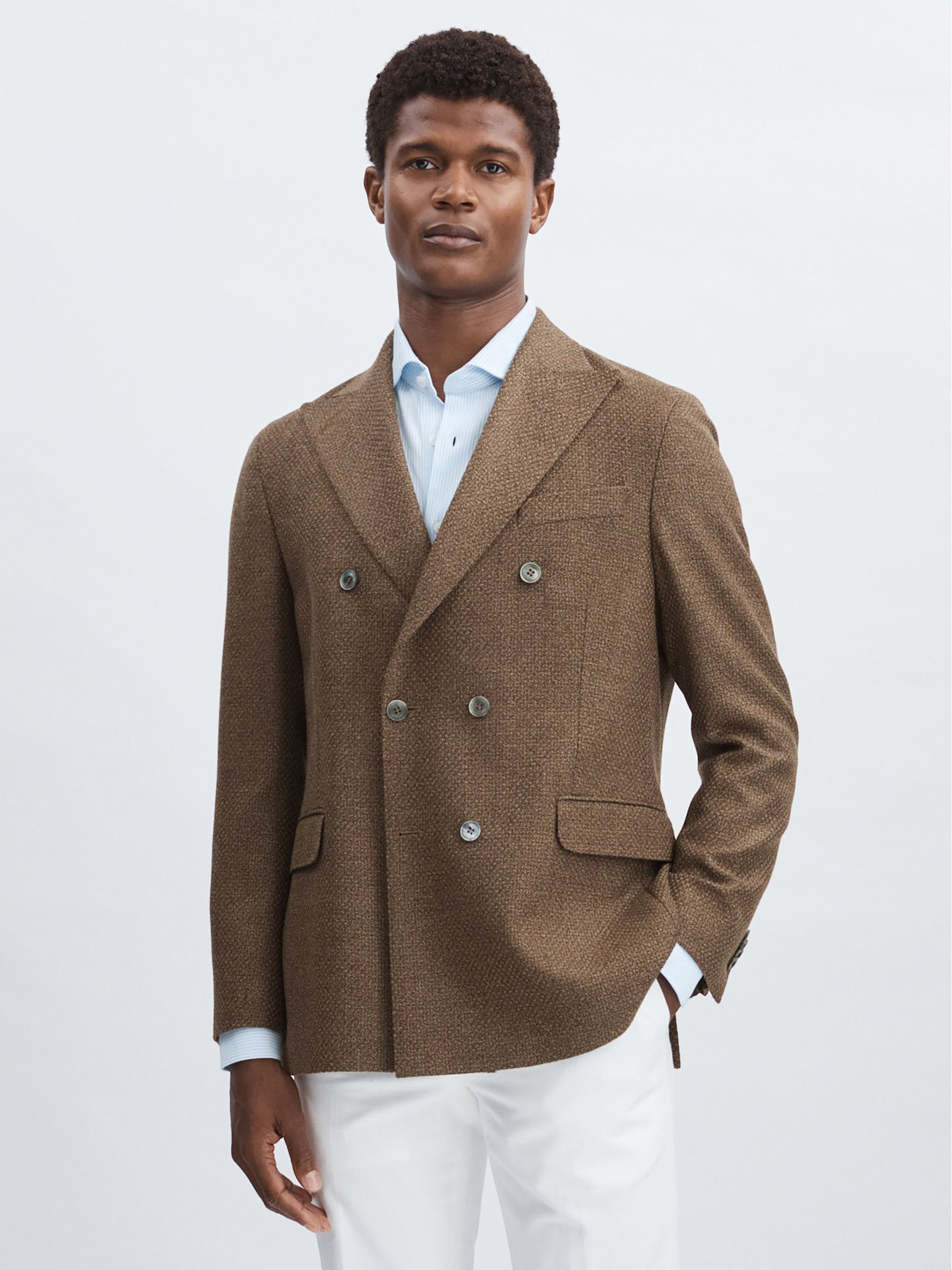 Oscar Jacobson Woven Wool Double-Breasted Blazer in Dark Brown - Image 1 of 6