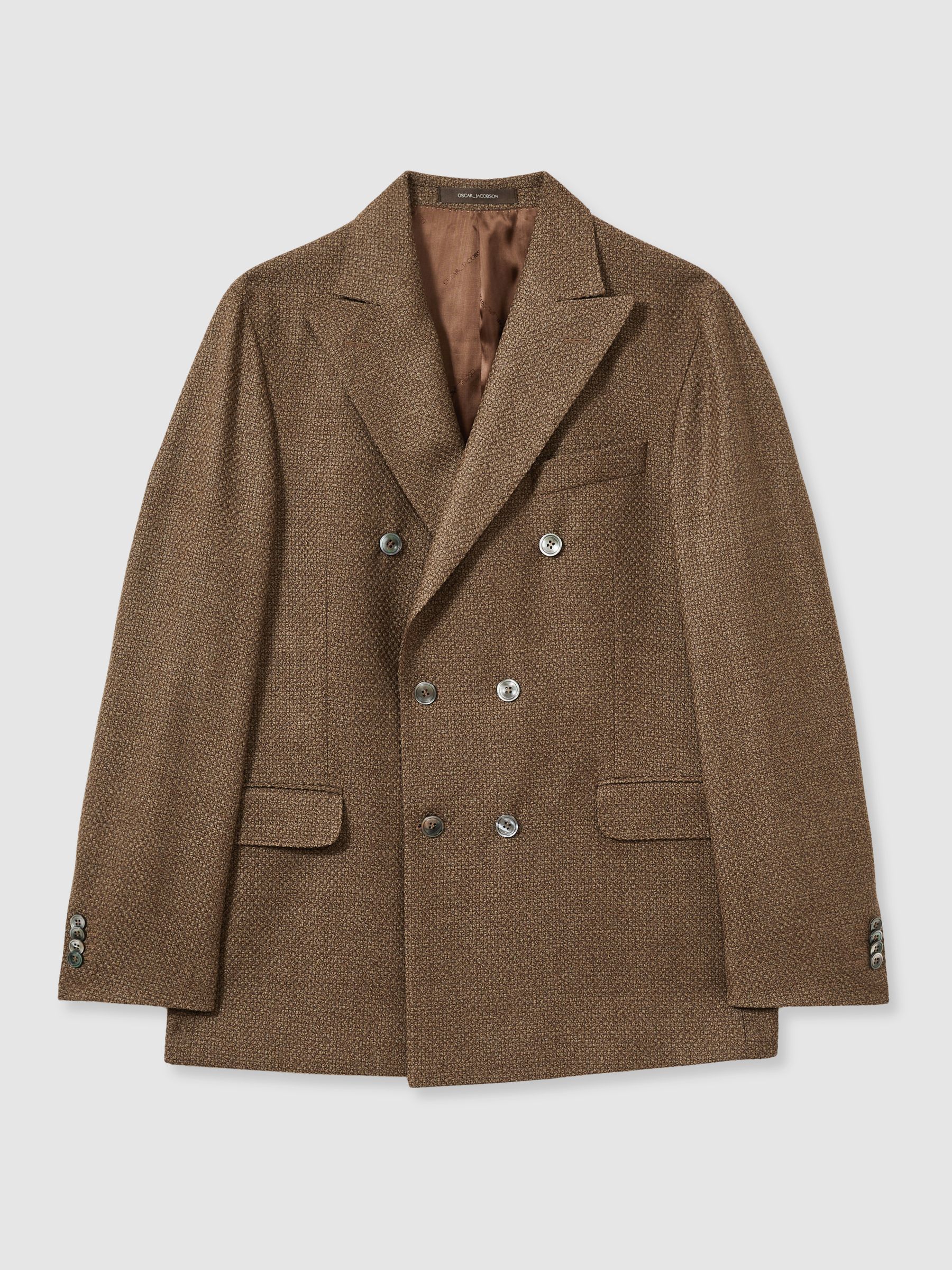 Oscar Jacobson Woven Wool Double-Breasted Blazer in Dark Brown - Image 2 of 6