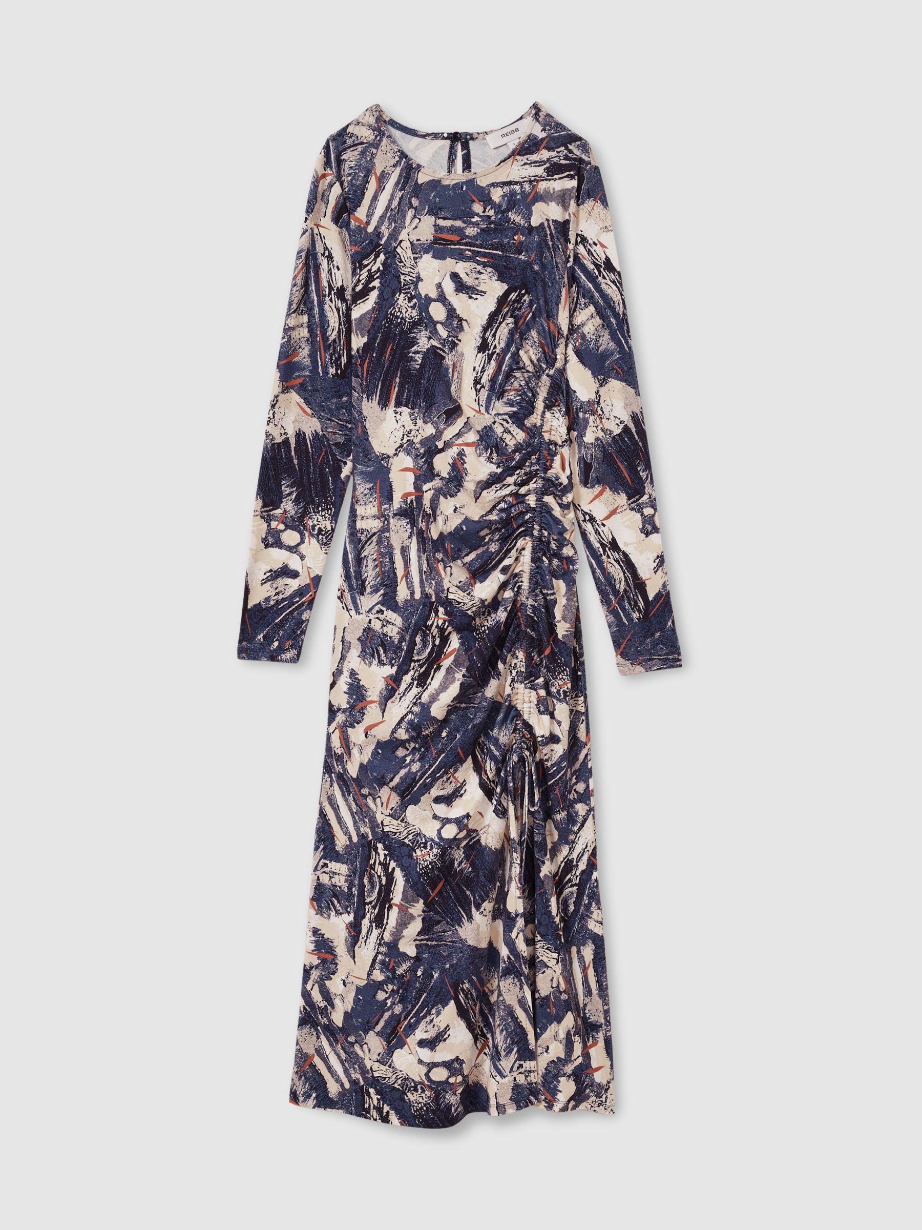 Printed Ruched Midi Dress in Navy/Neutral - Image 2 of 6