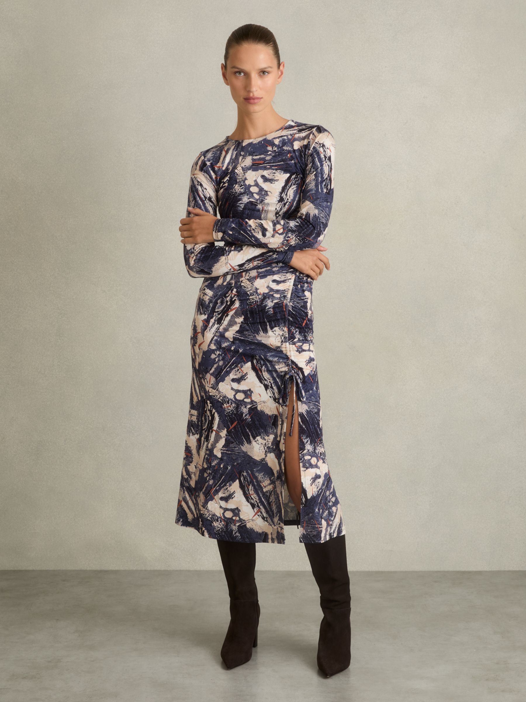 Printed Ruched Midi Dress in Navy/Neutral - Image 3 of 6