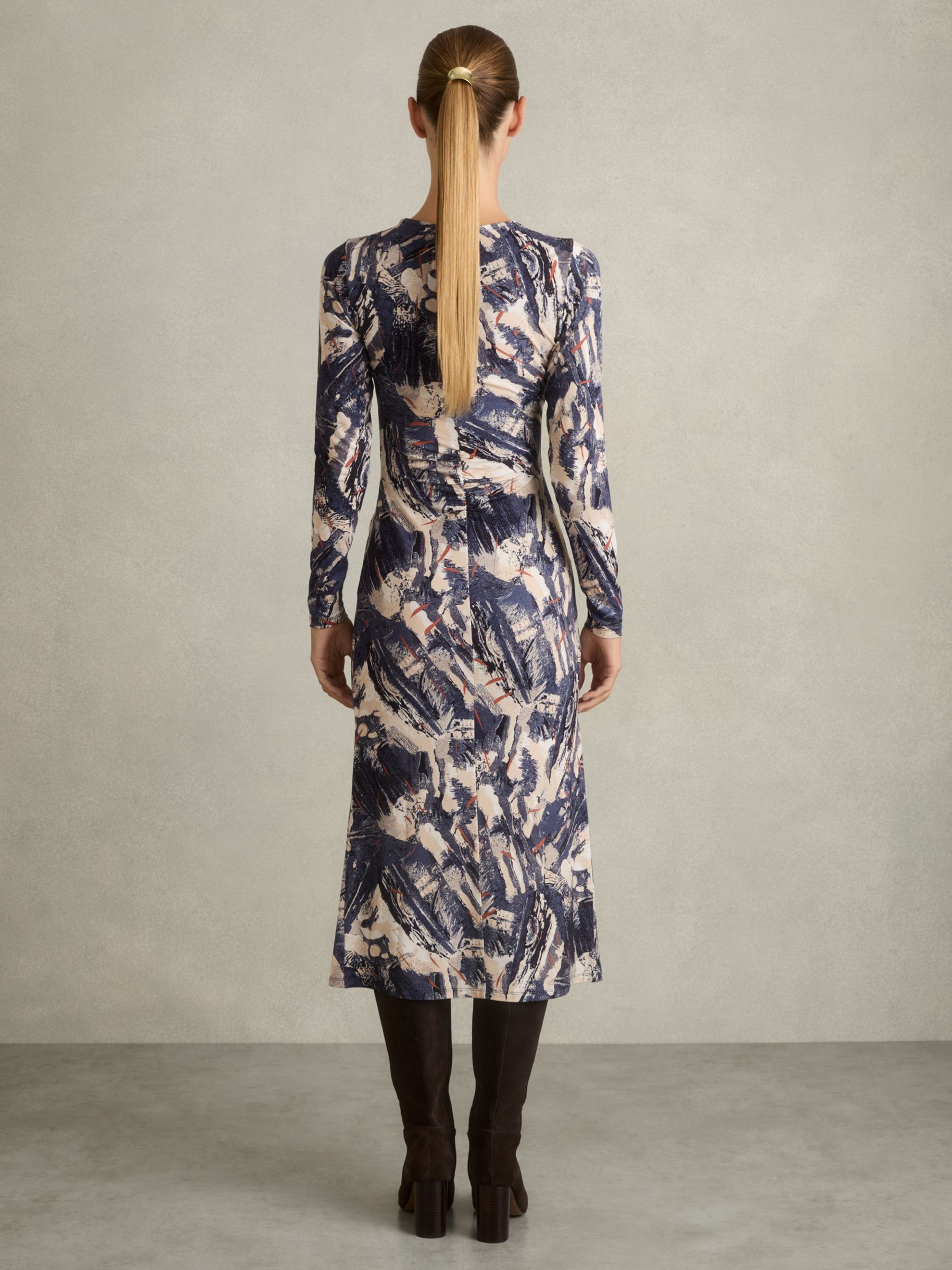Printed Ruched Midi Dress in Navy/Neutral - image 4