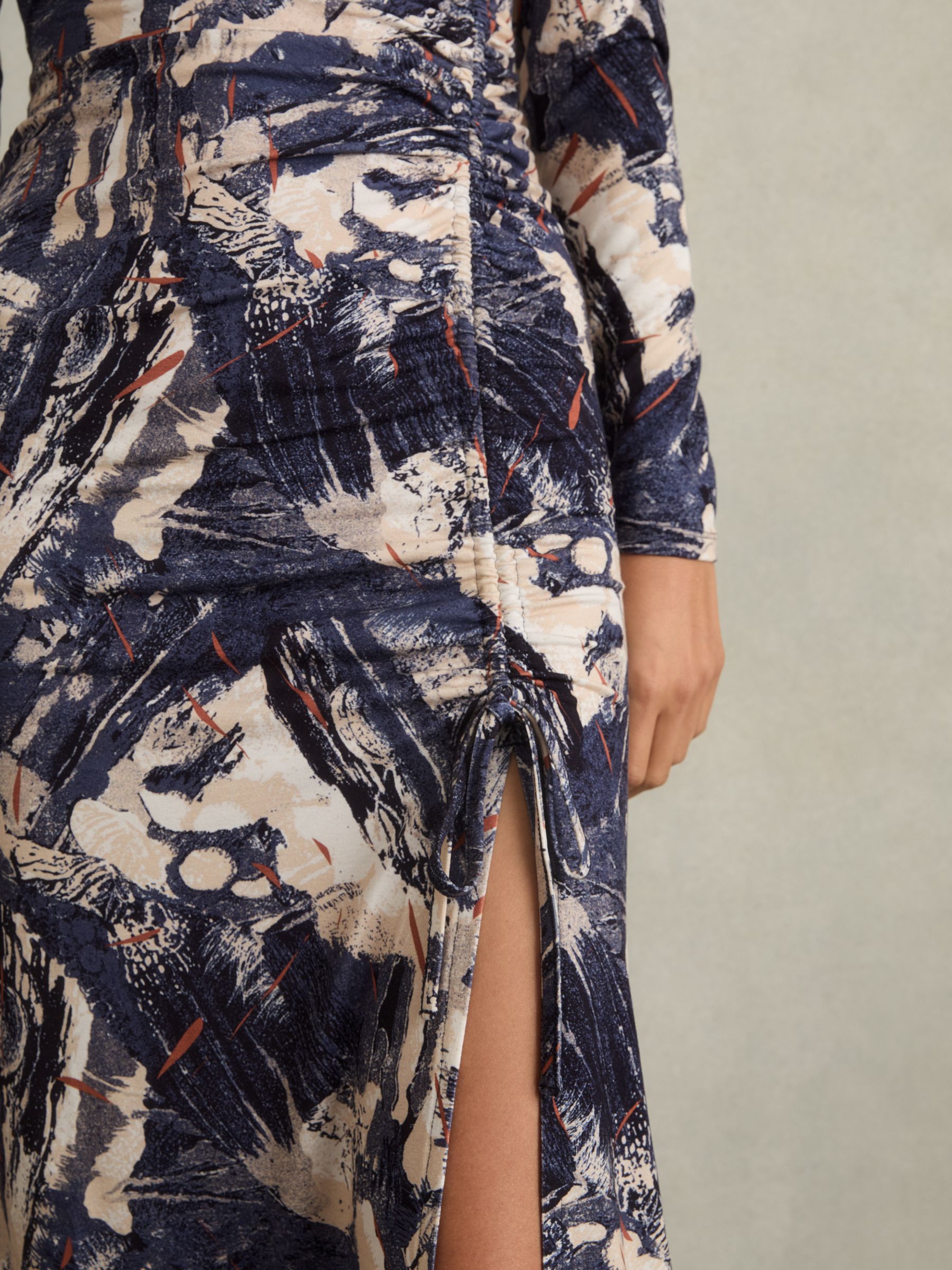 Printed Ruched Midi Dress in Navy/Neutral - Image 5 of 6