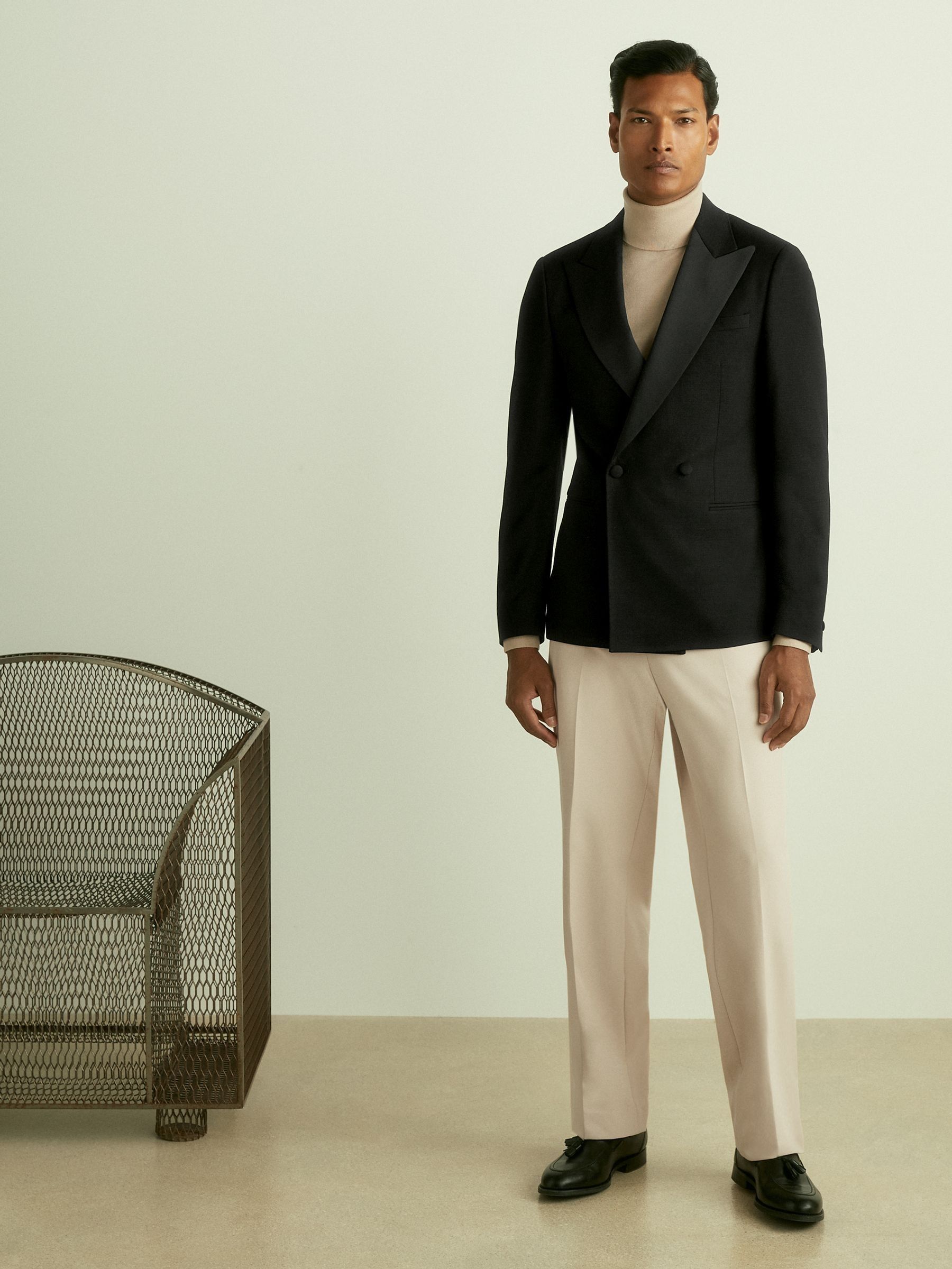 Double-Breasted Tuxedo Jacket in Black Hopsack in Black - Image 3 of 8