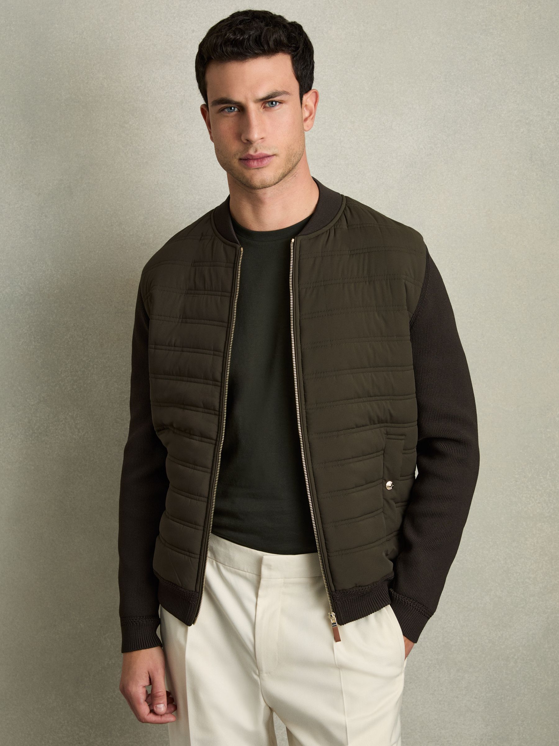 Quilted Hybrid Jacket in Military Green - Image 1 of 7