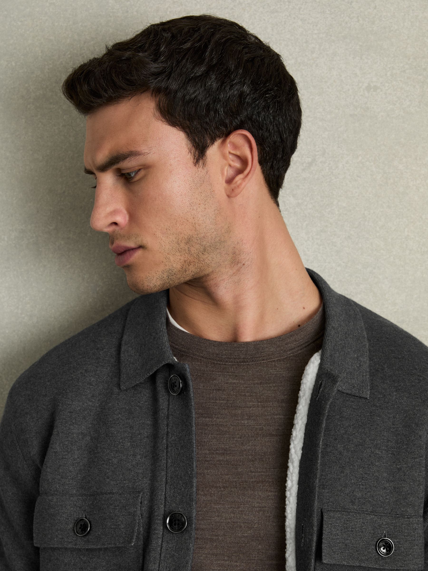 Fleece-Lined Button-Through Jacket in Mid Grey Melange - Image 5 of 6