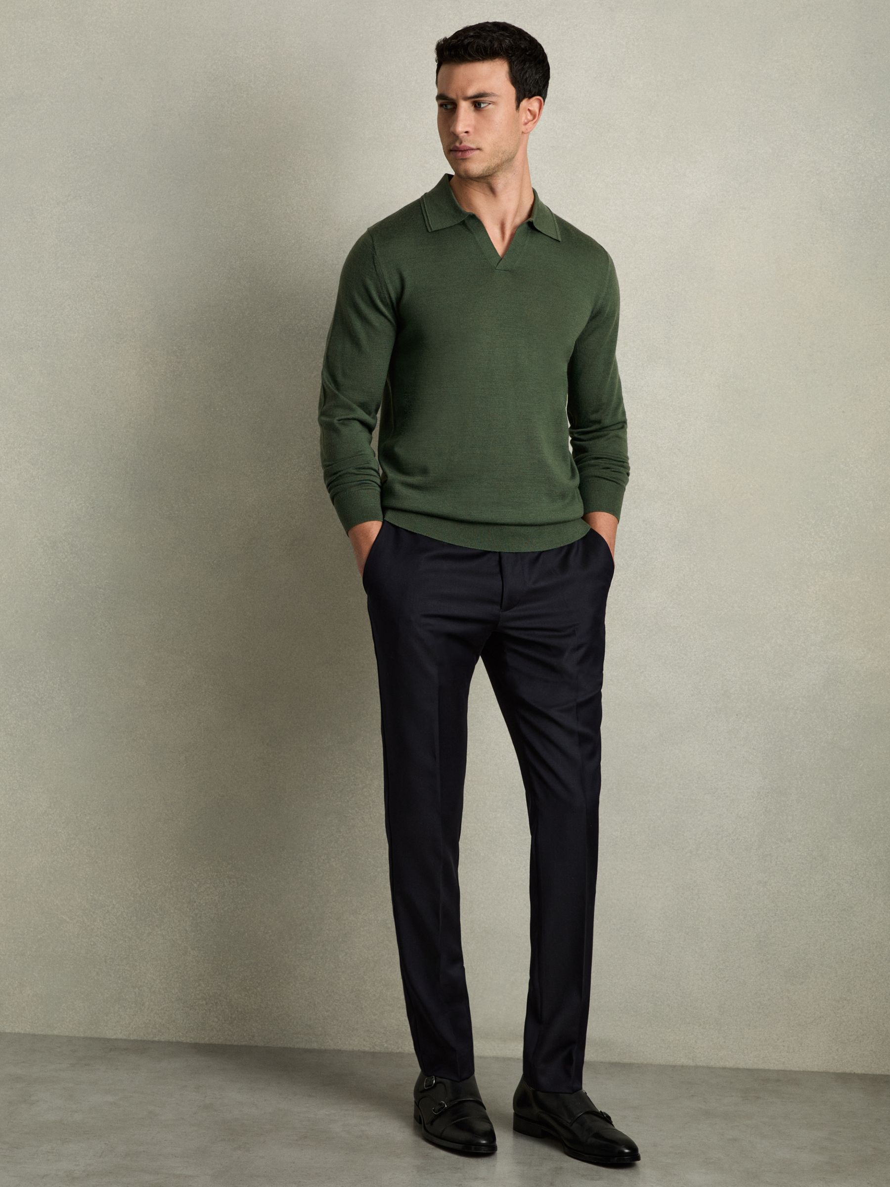 Merino Wool Half-Zip Polo Shirt in Dark Kale Green - Image 3 of 8